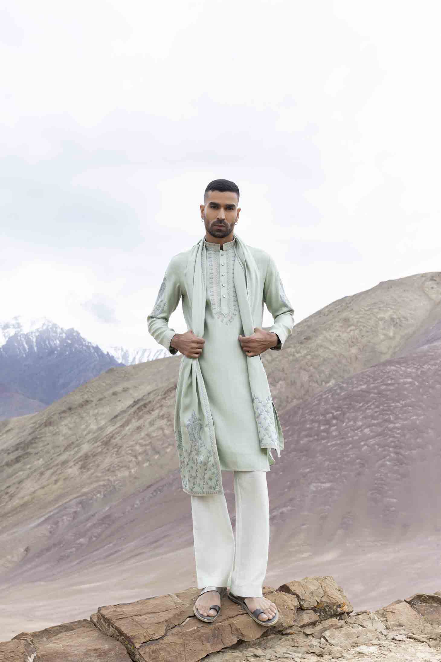 Mint Green Bamboo Silk Kurta set with Multicolor Ari Embroidery & Embroidered Stole, Paired with Aligarhi Pants