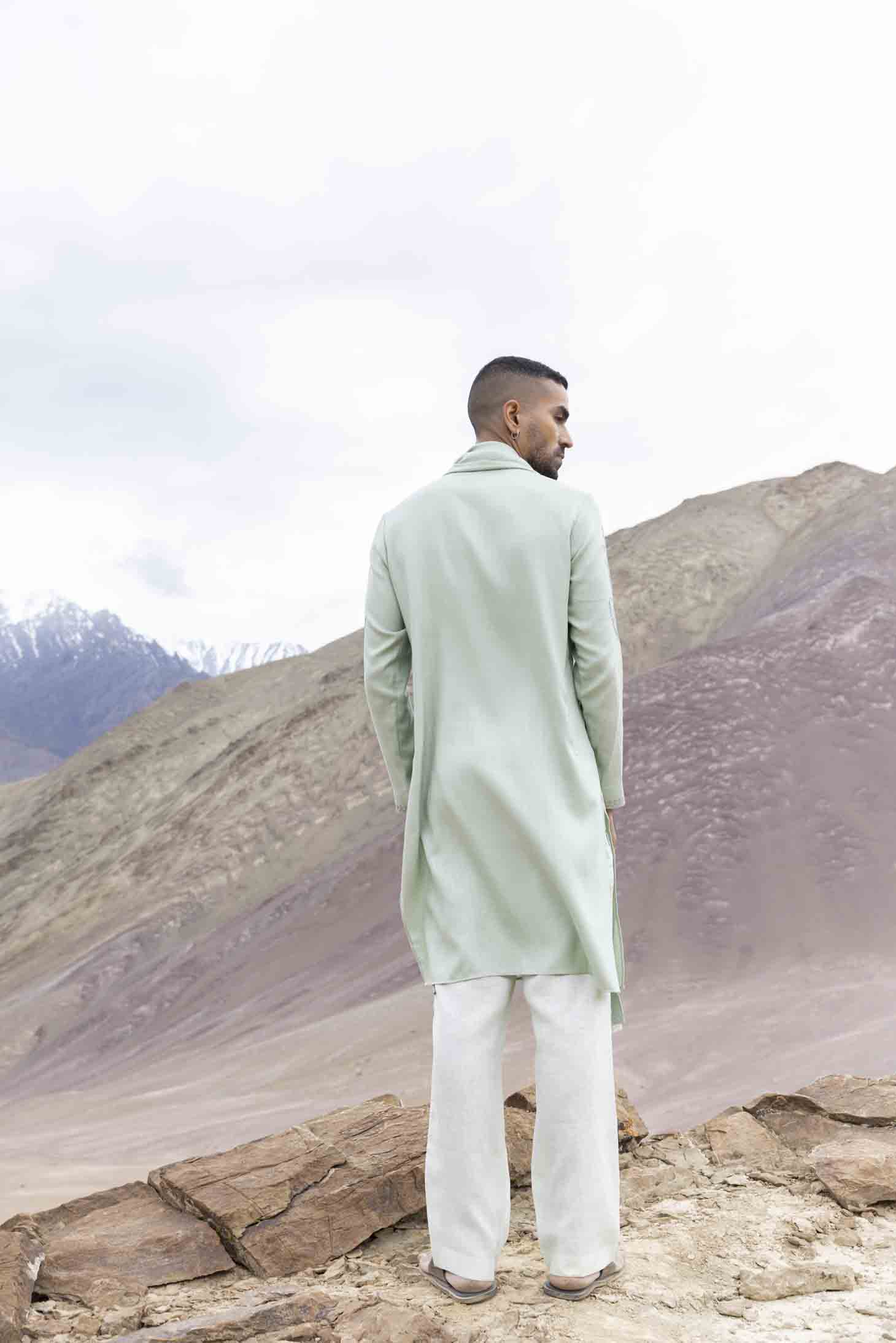 Mint Green Bamboo Silk Kurta set with Multicolor Ari Embroidery & Embroidered Stole, Paired with Aligarhi Pants