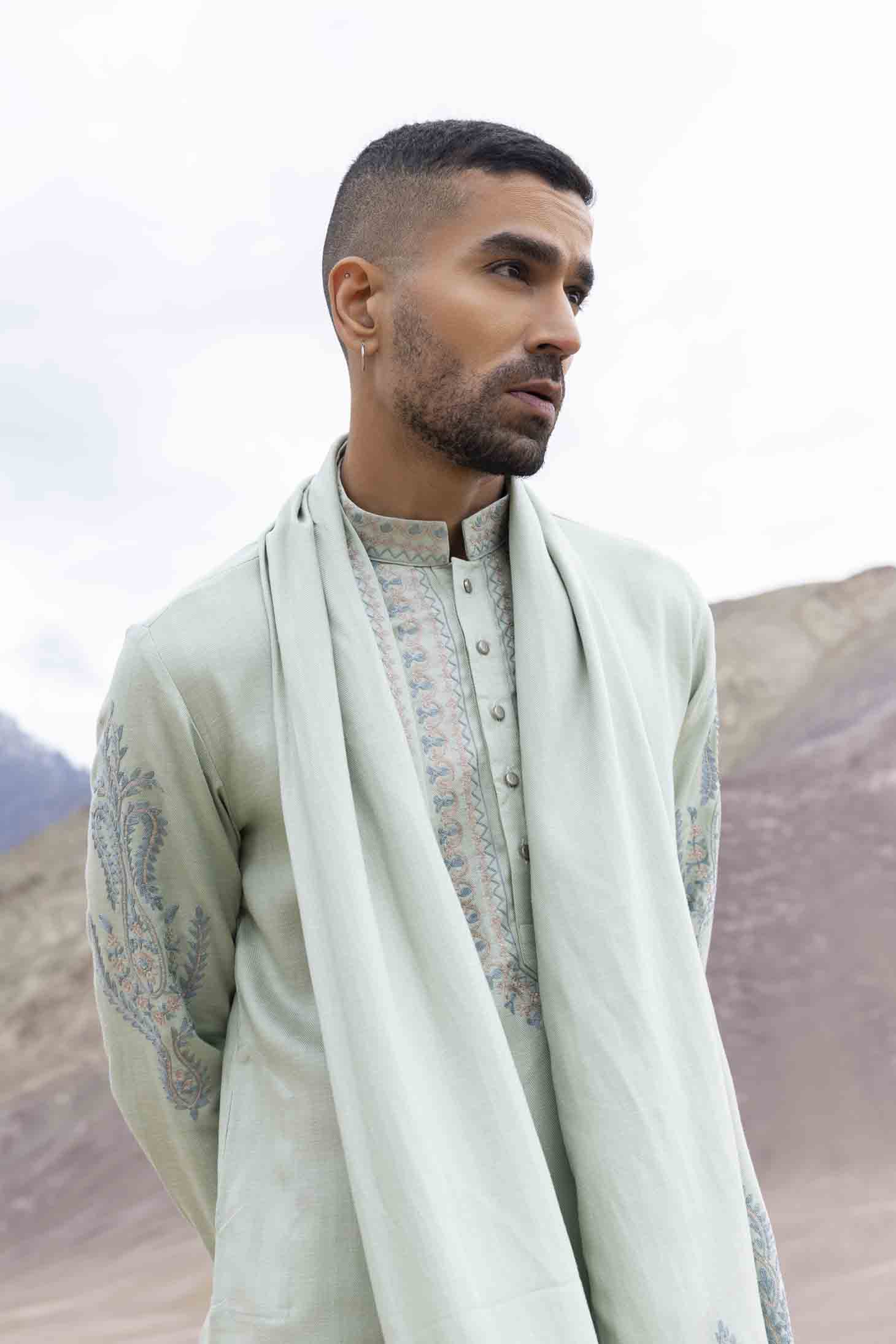 Mint Green Bamboo Silk Kurta set with Multicolor Ari Embroidery & Embroidered Stole, Paired with Aligarhi Pants