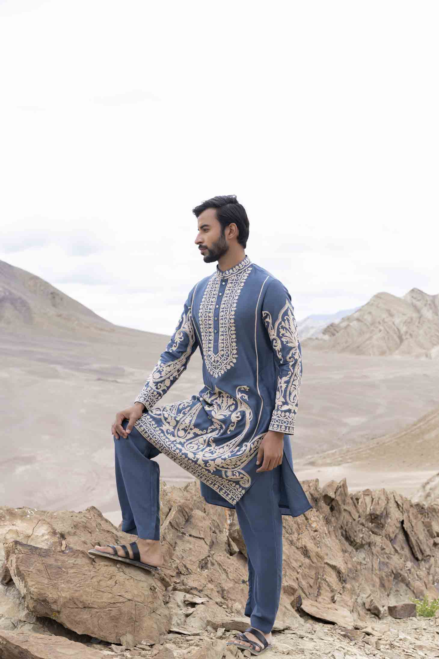 Medium Blue Silk Linen Kurta with Geometrical Dori Embroidery & Aligarhi Pants