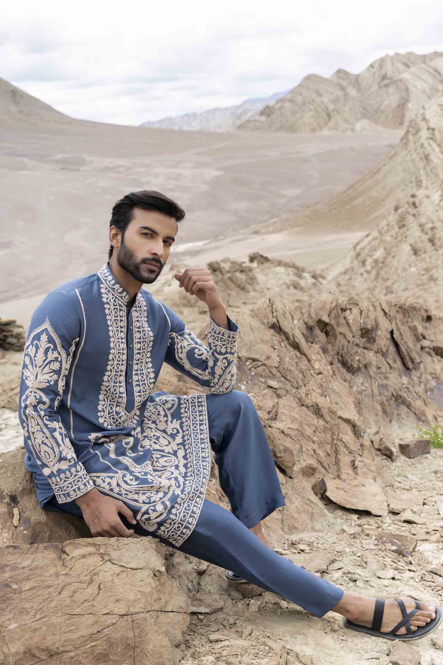 Medium Blue Silk Linen Kurta with Geometrical Dori Embroidery & Aligarhi Pants