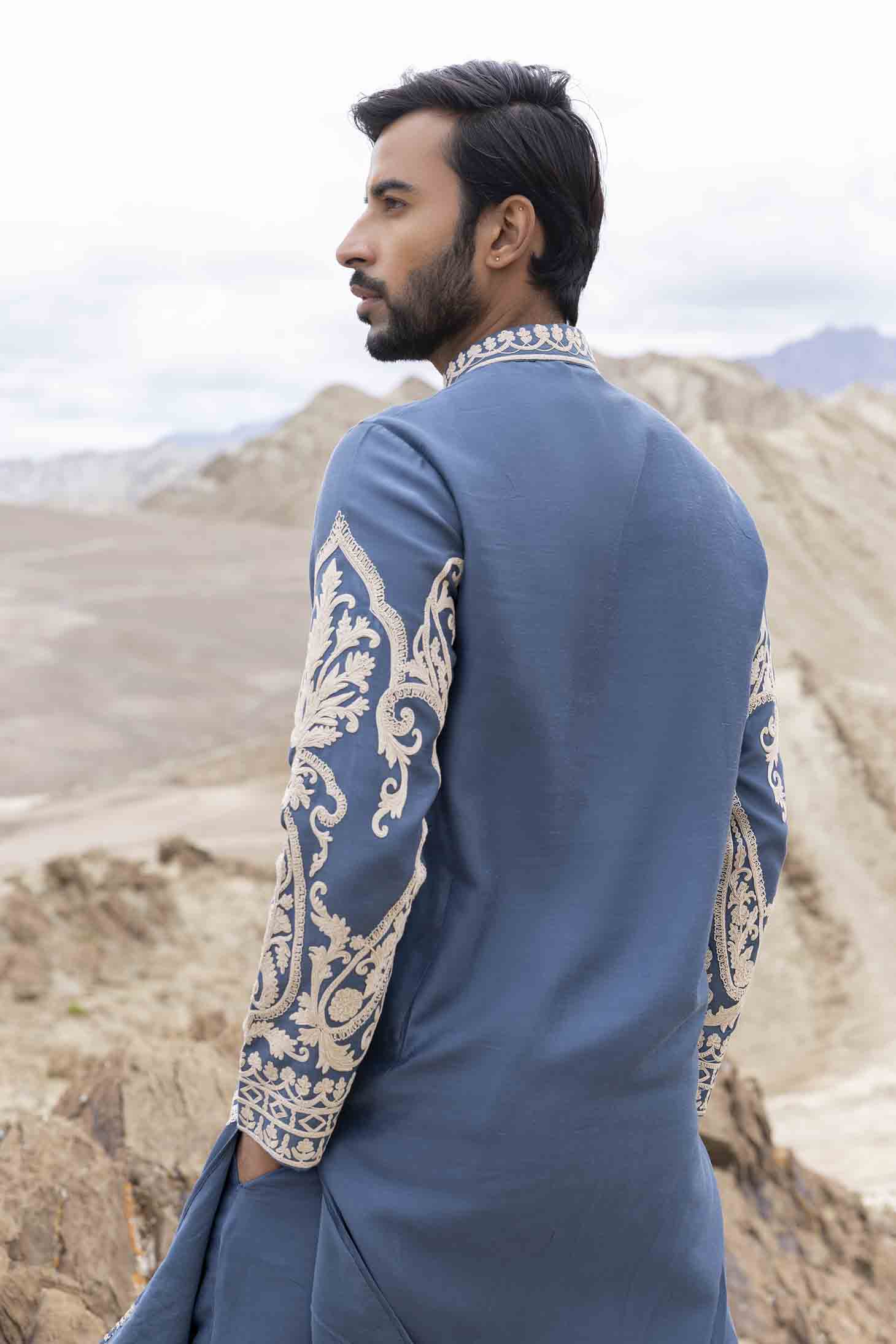 Medium Blue Silk Linen Kurta with Geometrical Dori Embroidery & Aligarhi Pants