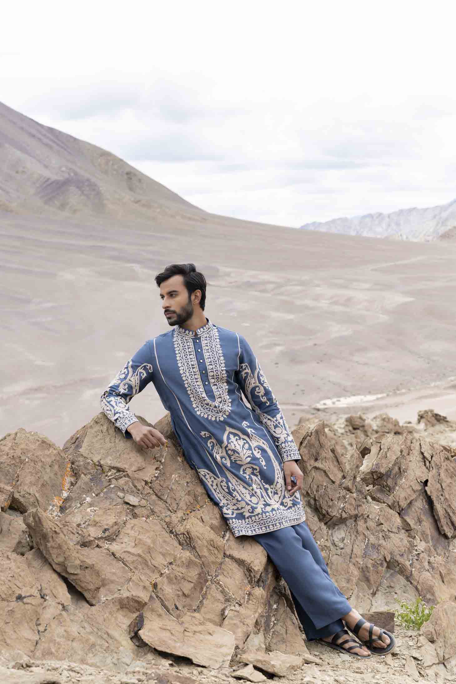 Medium Blue Silk Linen Kurta with Geometrical Dori Embroidery & Aligarhi Pants