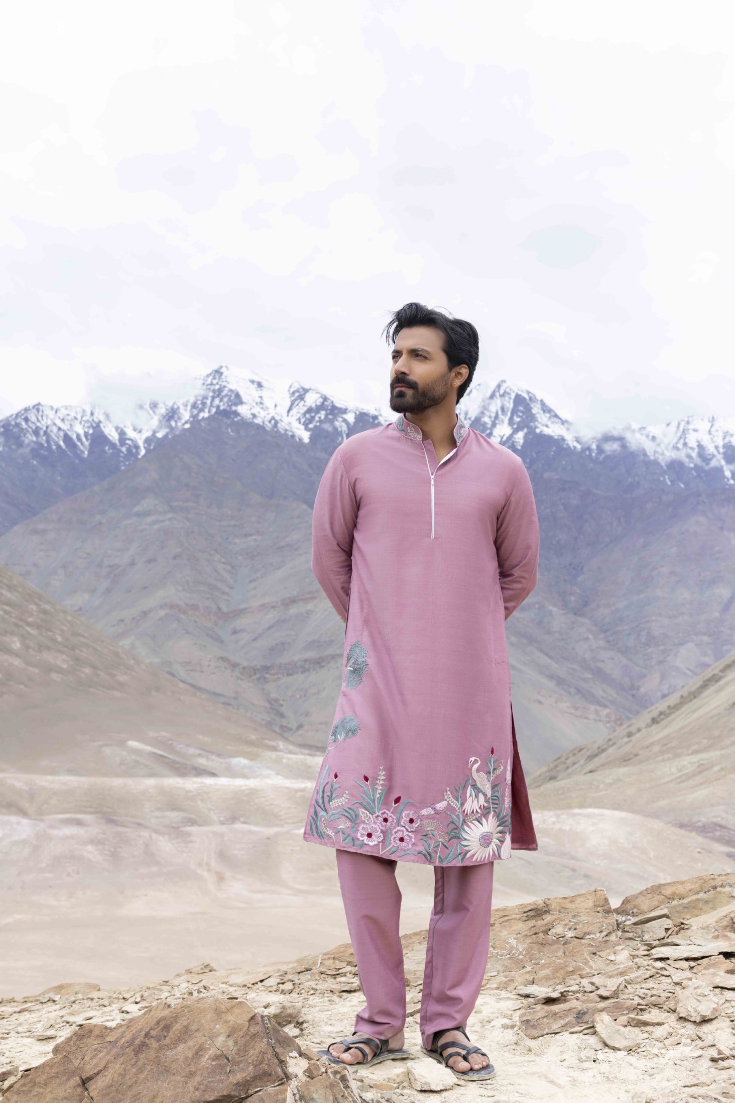 Ivory Silk Kurta with Asian Art Embroidery & Aligarhi Pants