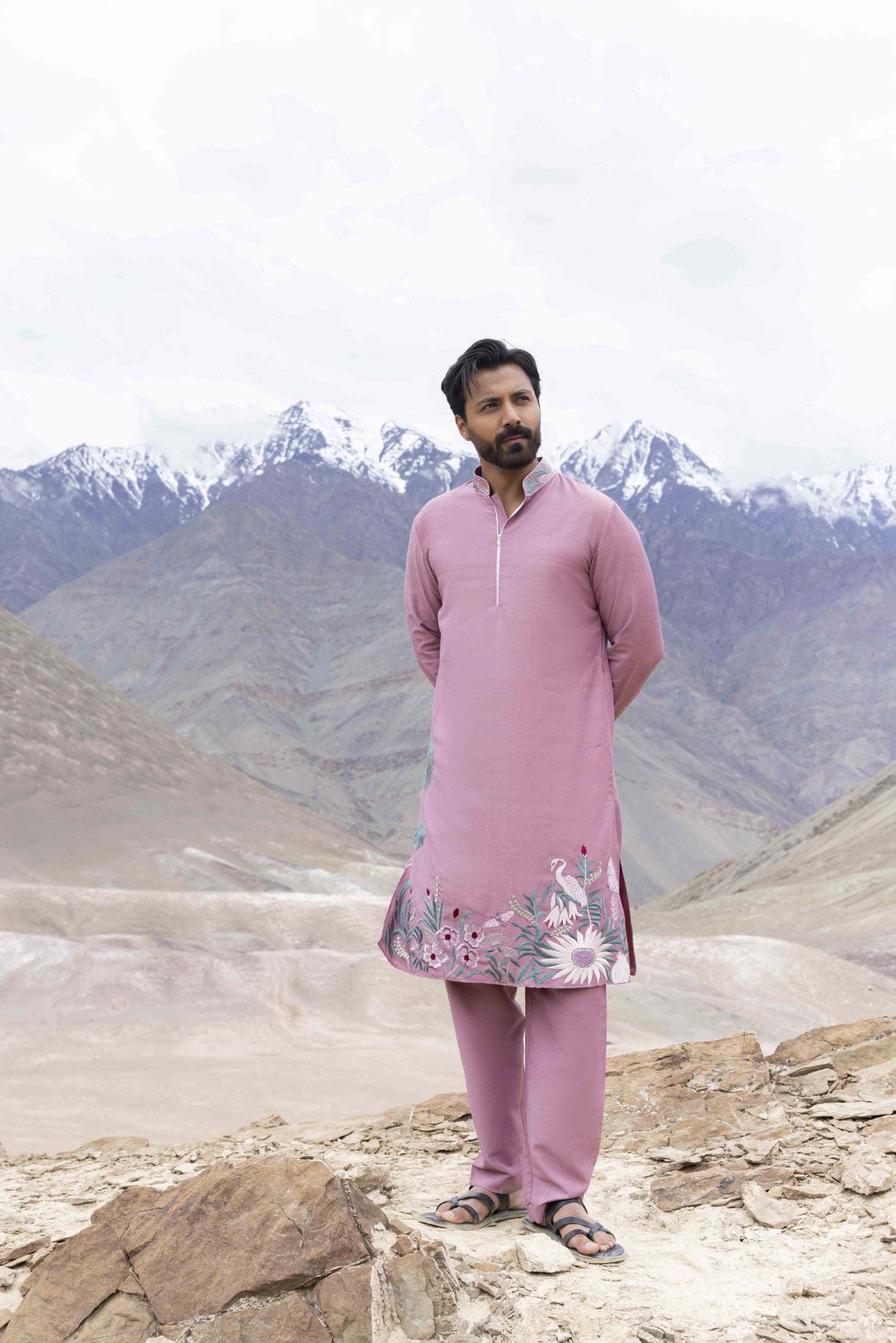 Ivory Silk Kurta with Asian Art Embroidery & Aligarhi Pants