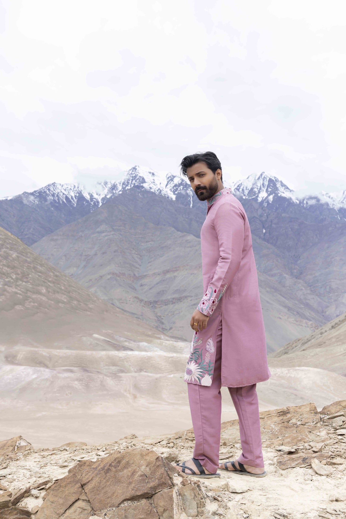 Ivory Silk Kurta with Asian Art Embroidery & Aligarhi Pants