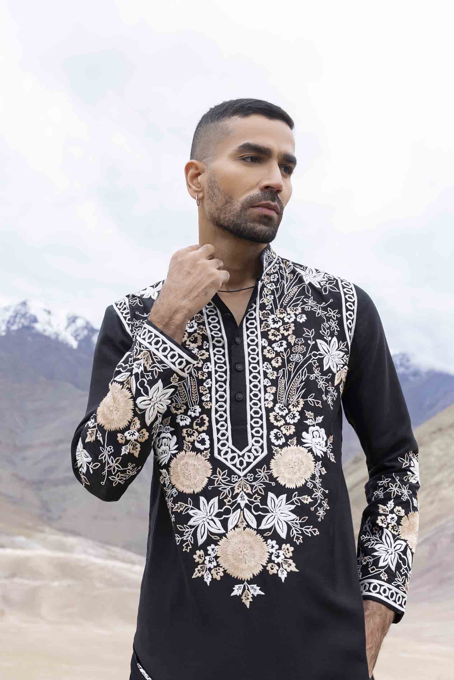 Black Silk Linen Kurta with Floral Panel Embroidery & Aligarhi Pants