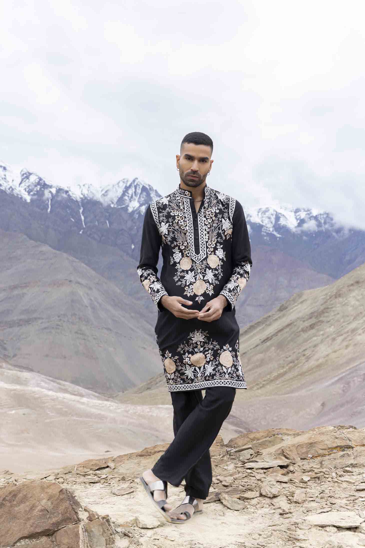 Black Silk Linen Kurta with Floral Panel Embroidery & Aligarhi Pants
