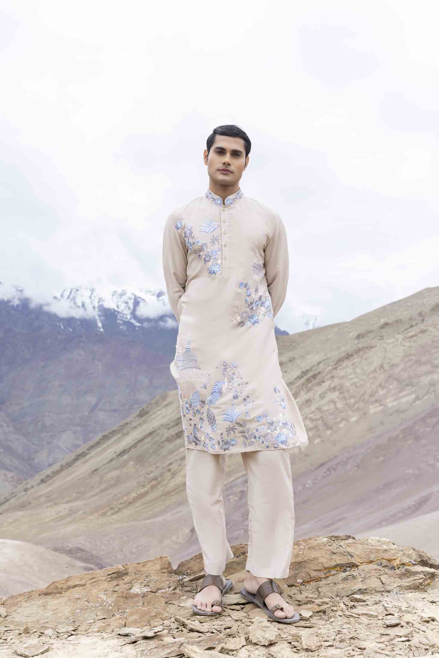 Beige Silk Kurta with Blue Embroidered Abstract Motifs & Aligarhi Pants