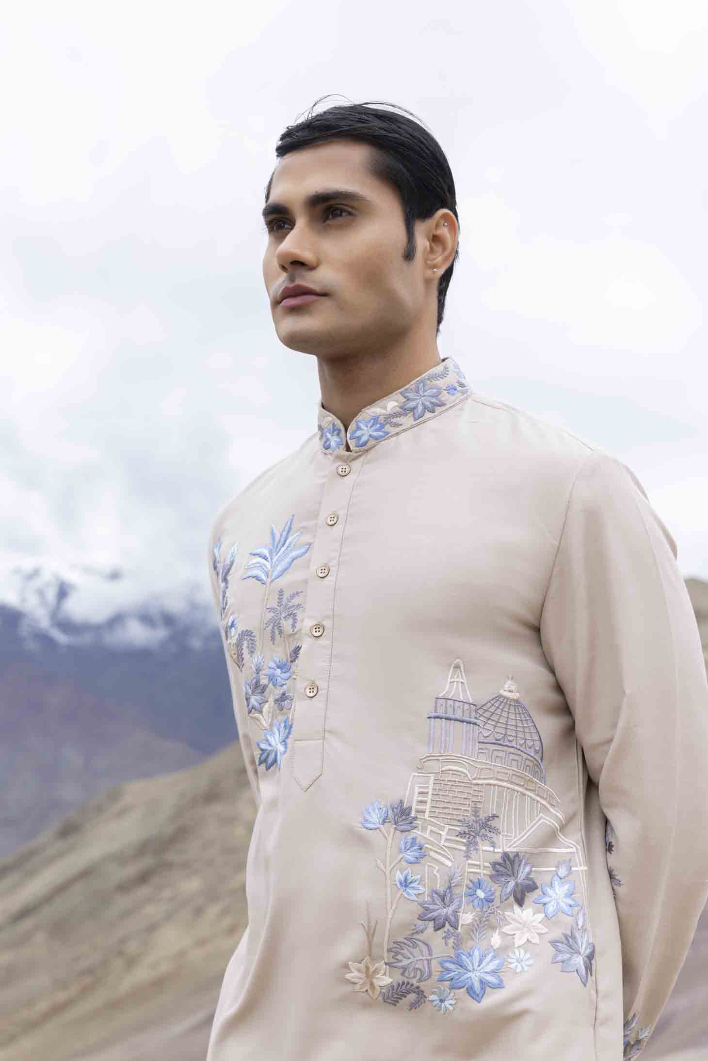 Beige Silk Kurta with Blue Embroidered Abstract Motifs & Aligarhi Pants
