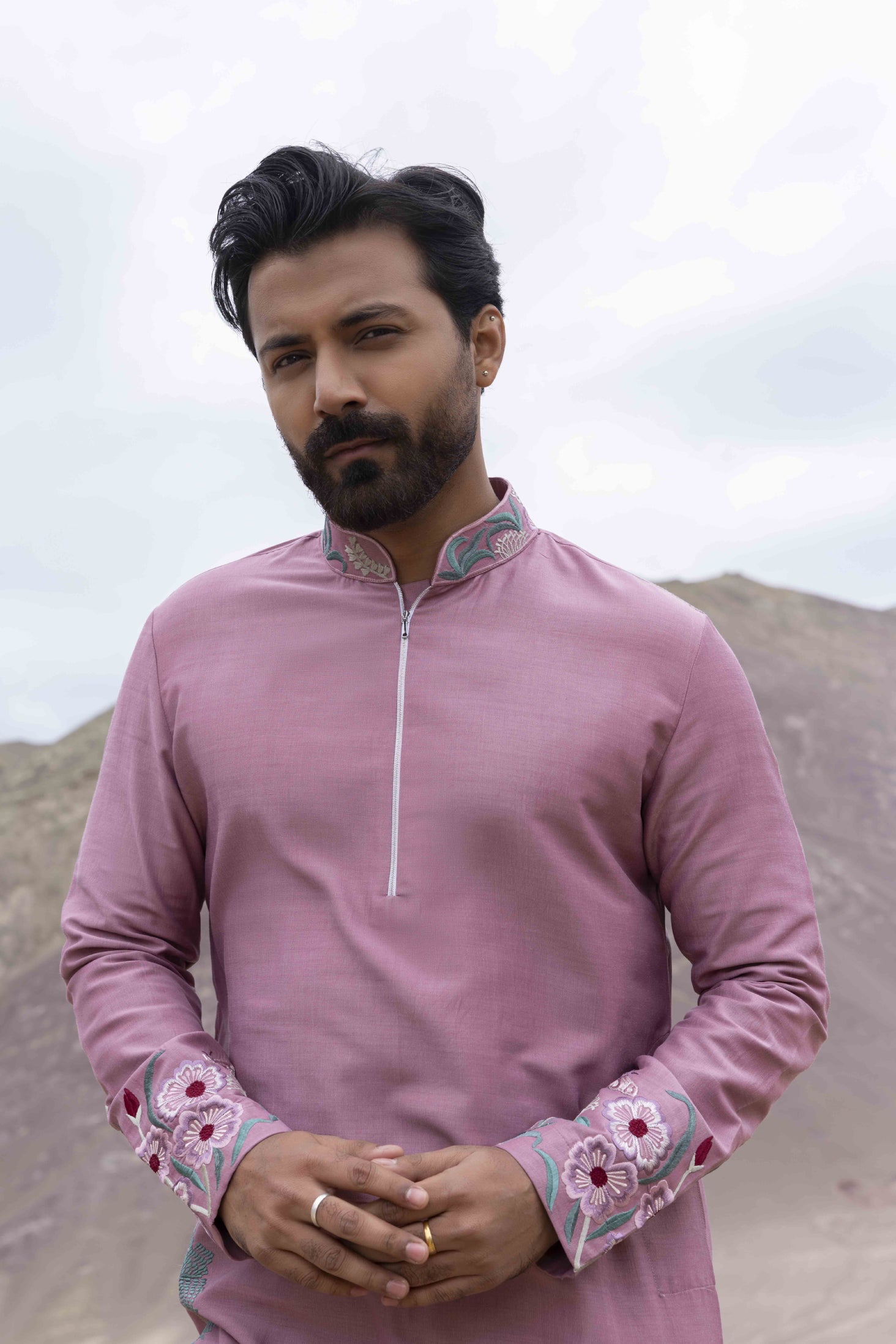 Ivory Silk Kurta with Asian Art Embroidery & Aligarhi Pants