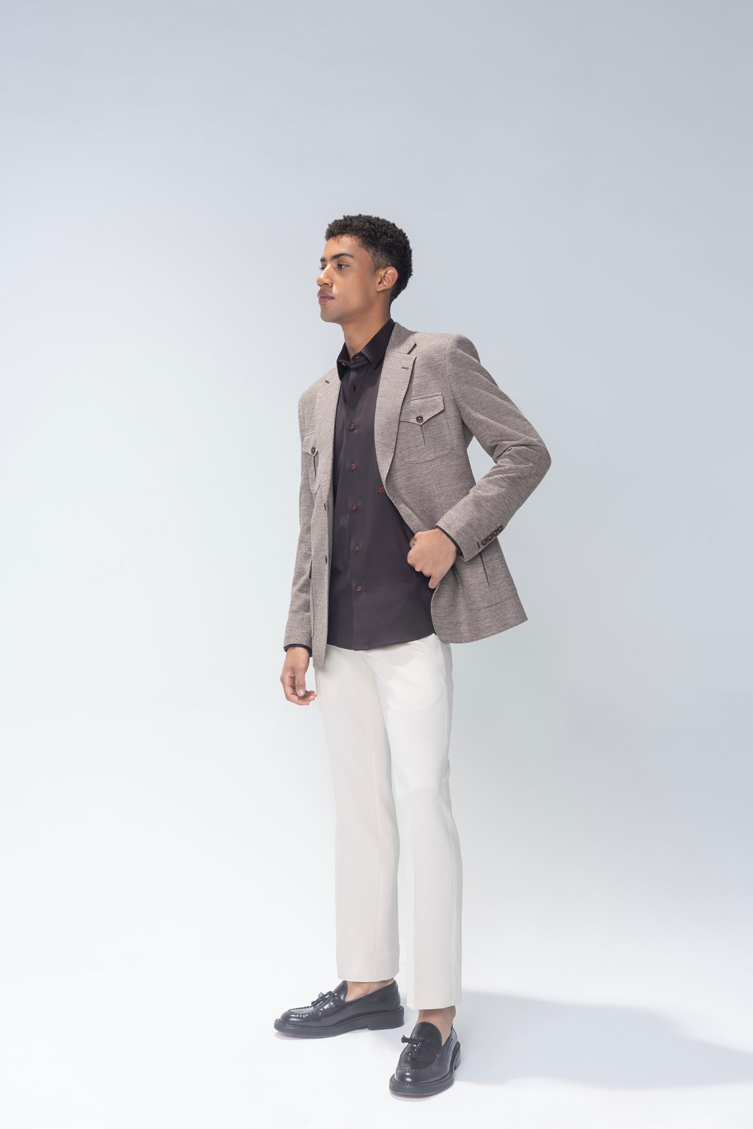 Buy Beige textured blazer with 4 patch pockets