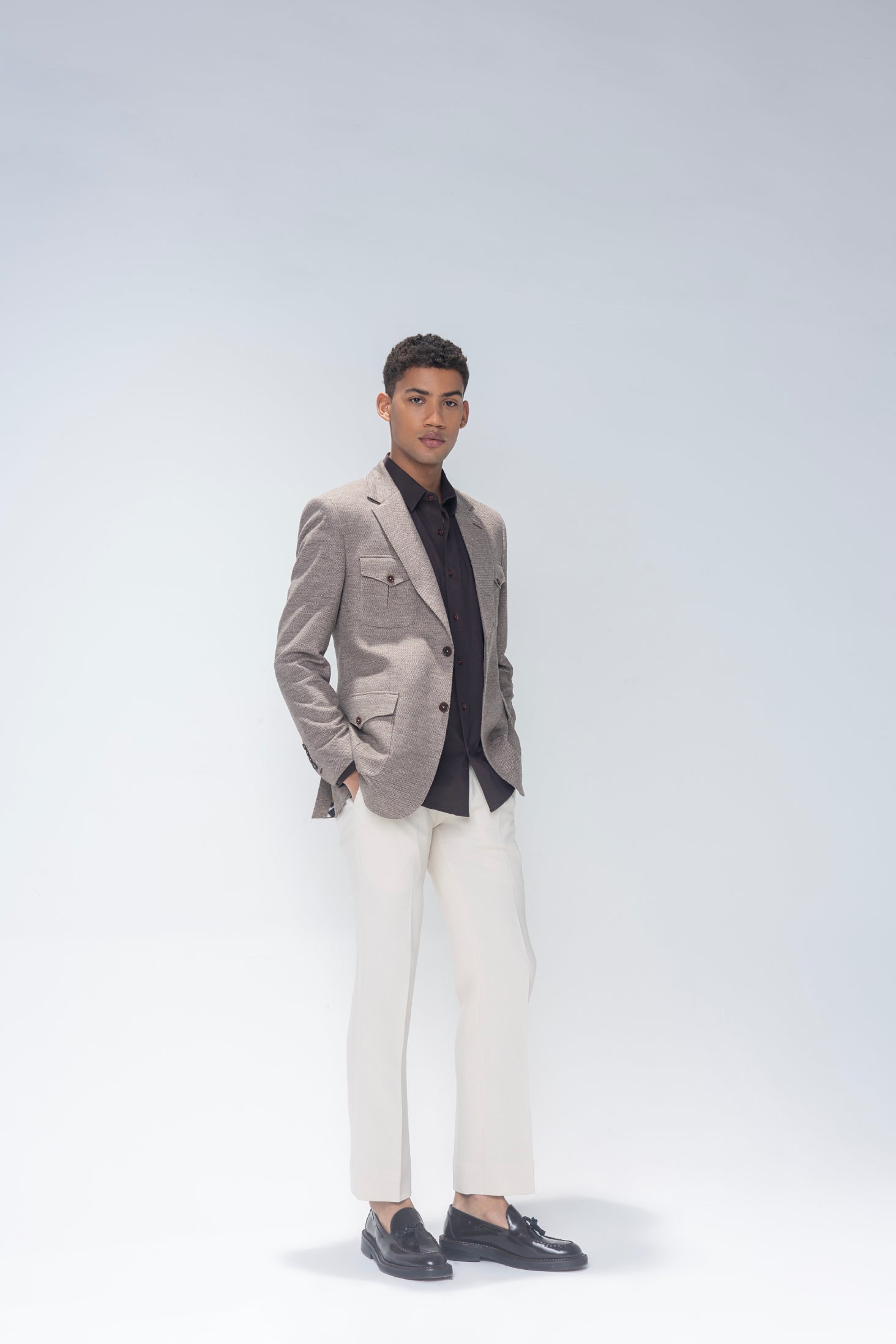 Buy Beige textured blazer with 4 patch pockets