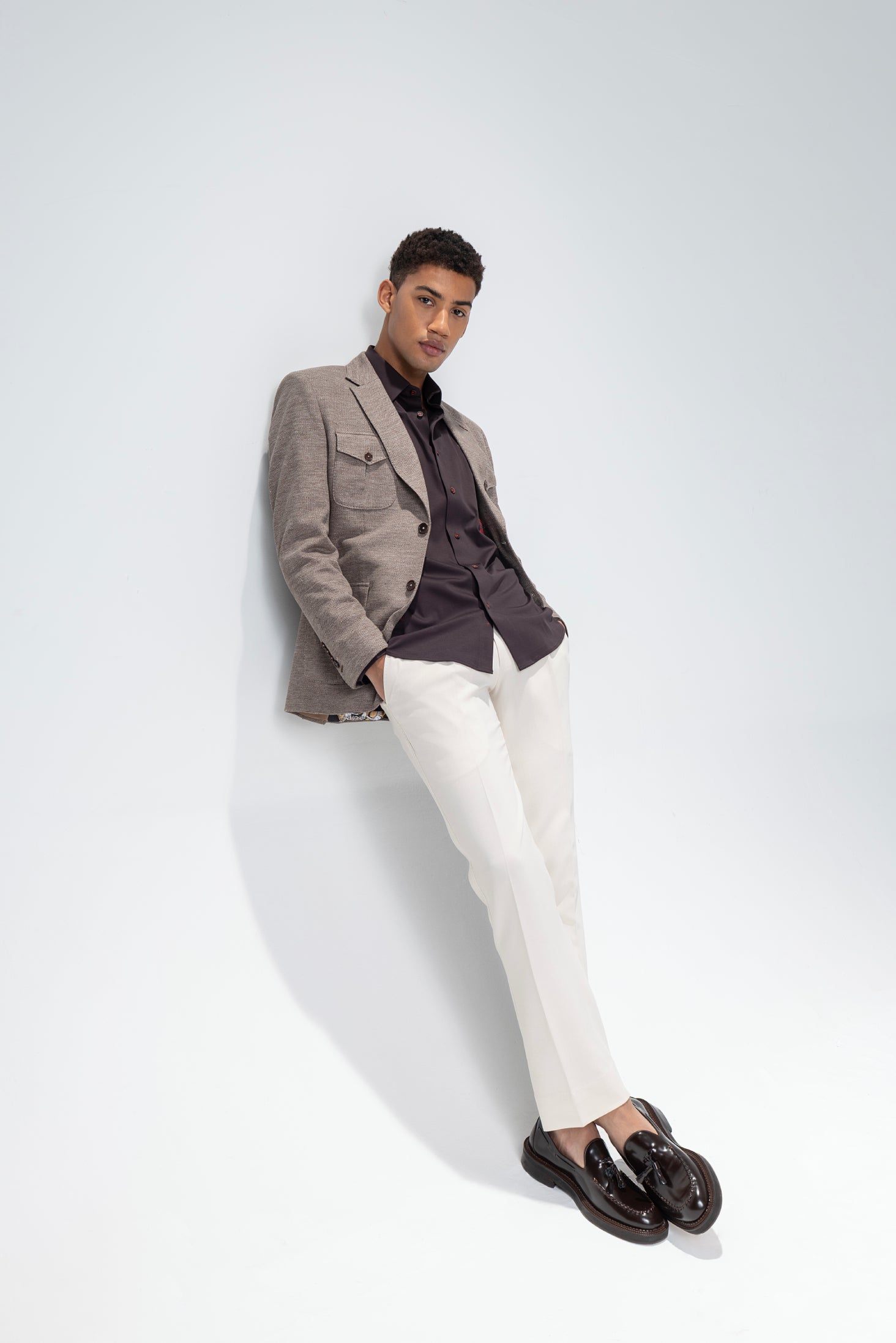 Buy Beige textured blazer with 4 patch pockets