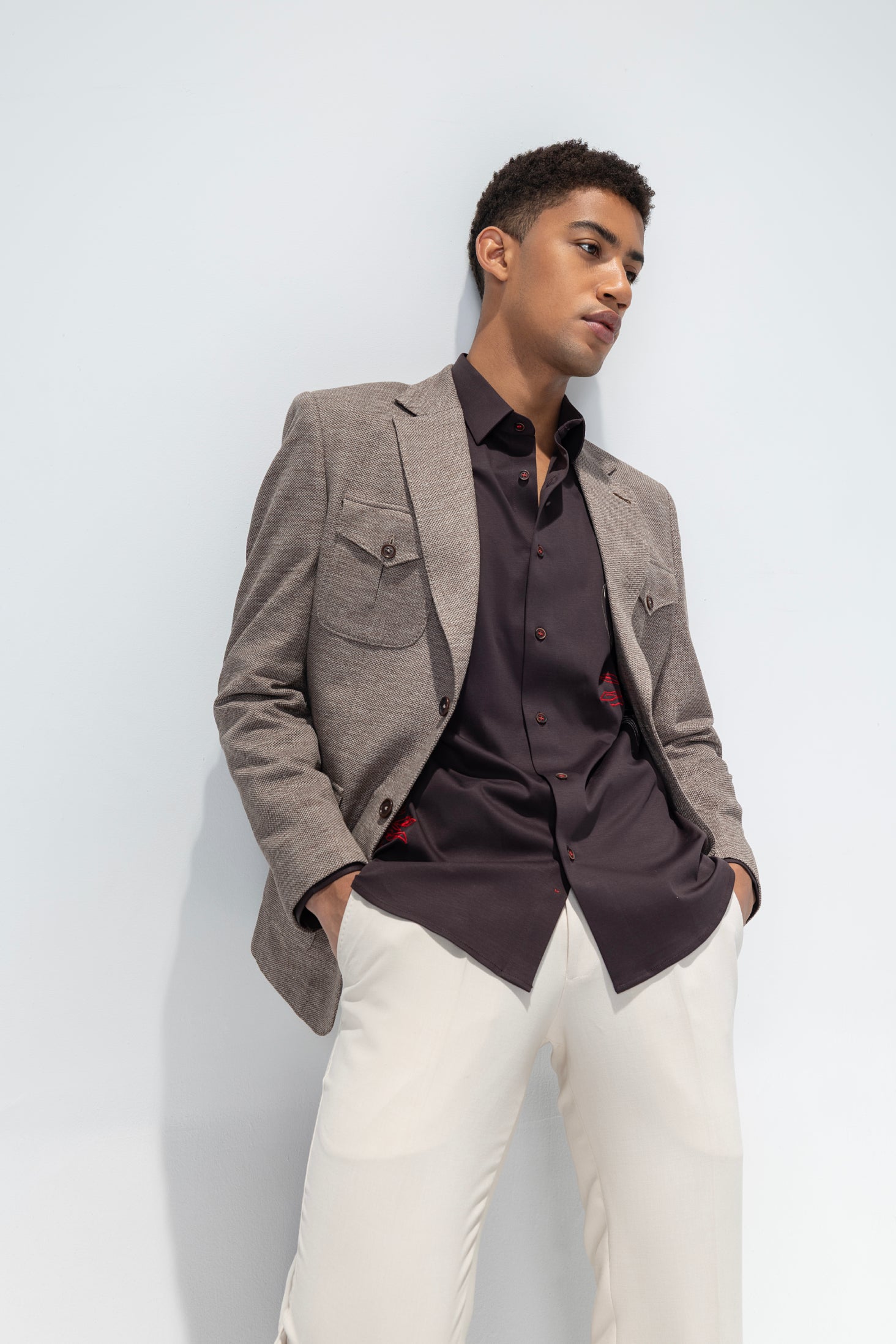 Buy Beige textured blazer with 4 patch pockets