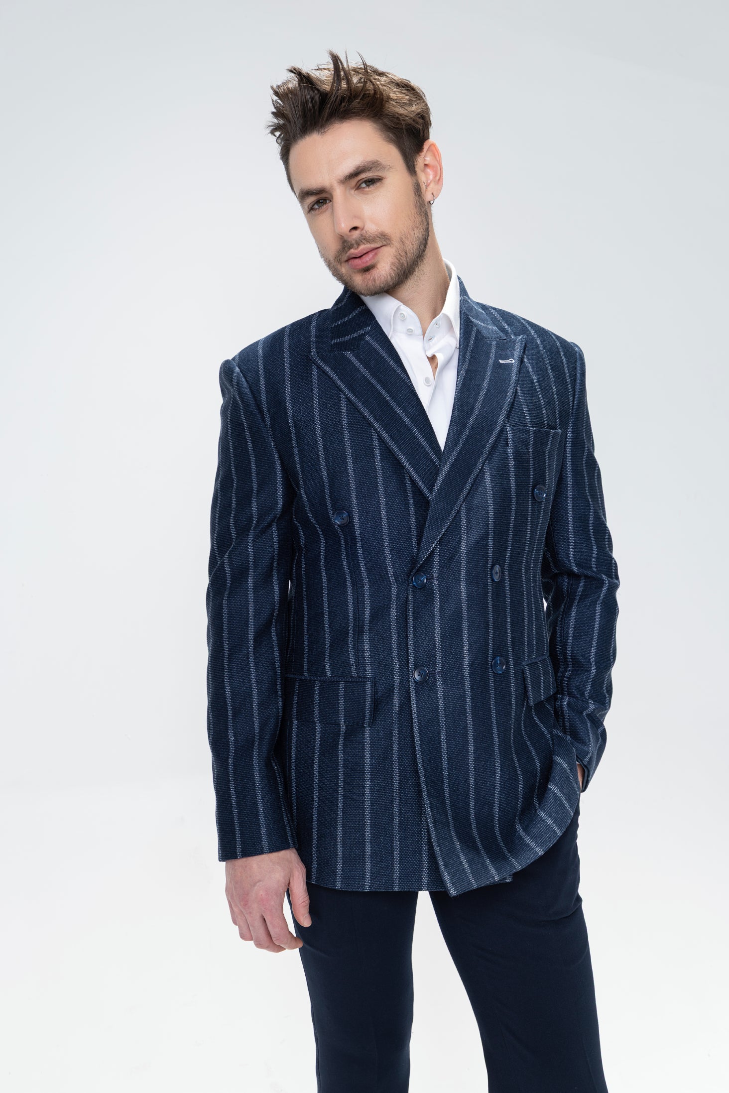 Navy blue striped double breast blazer