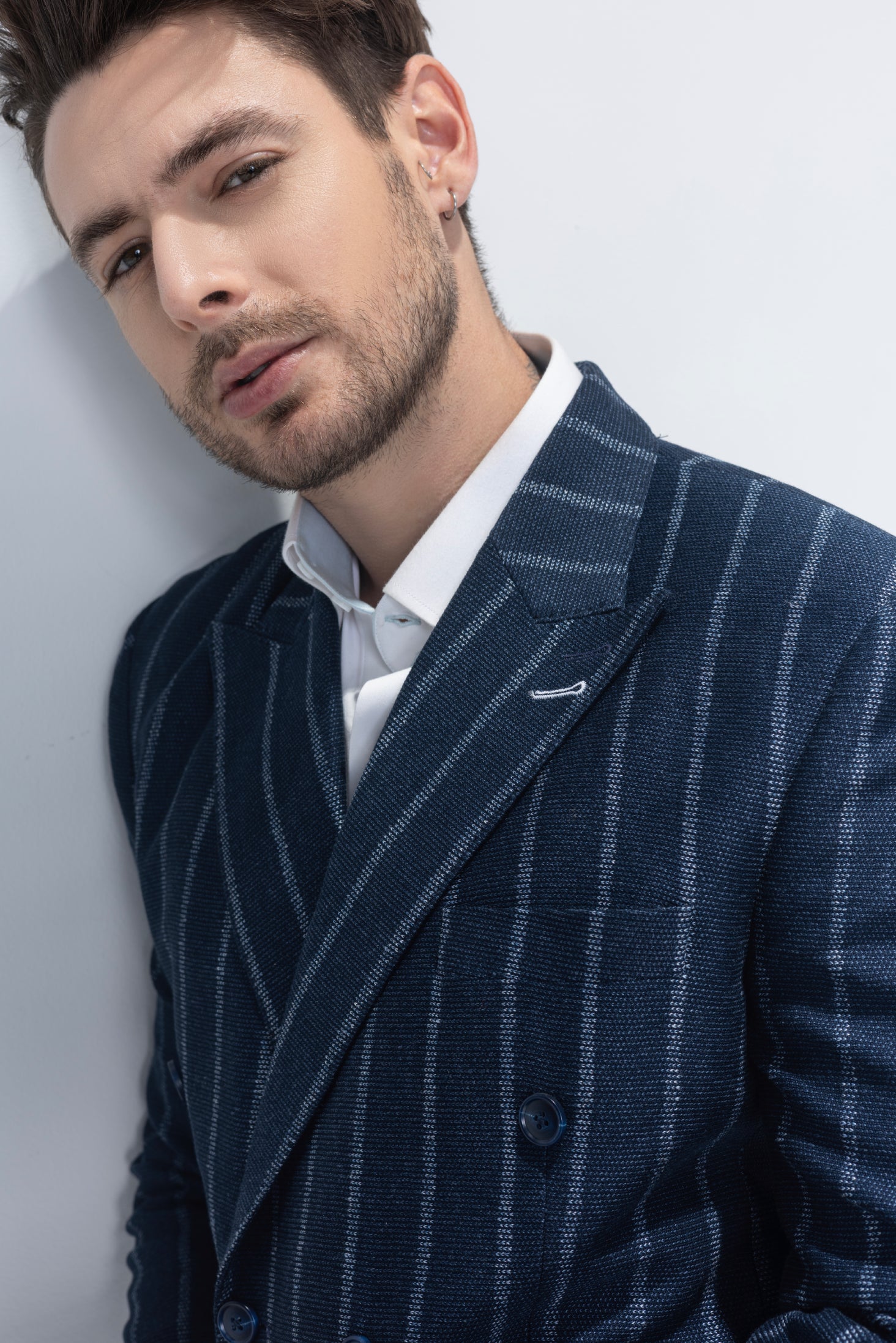 Navy blue striped double breast blazer