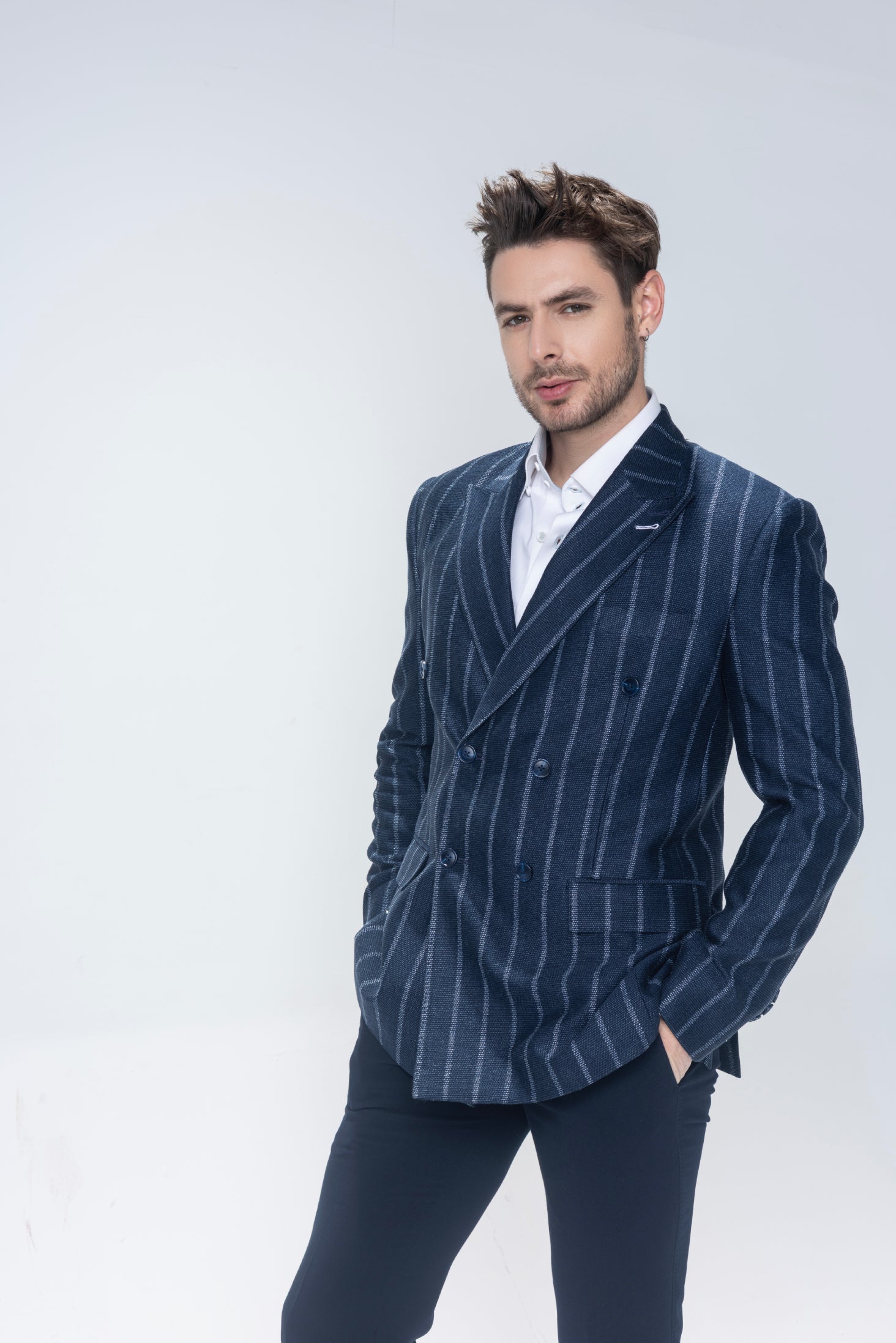 Navy blue striped double breast blazer
