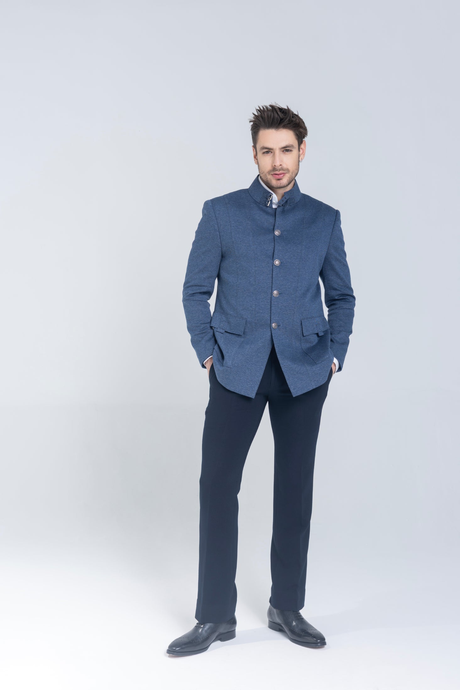 Buy branded Blazer in blue with  Bandhgala with 2 patch pockets