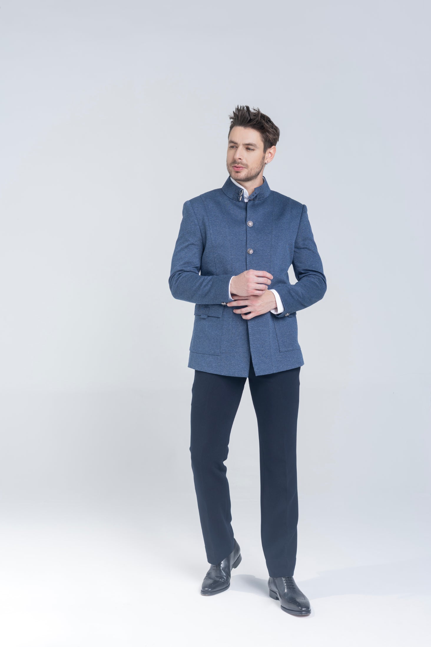 Buy branded Blazer in blue with  Bandhgala with 2 patch pockets