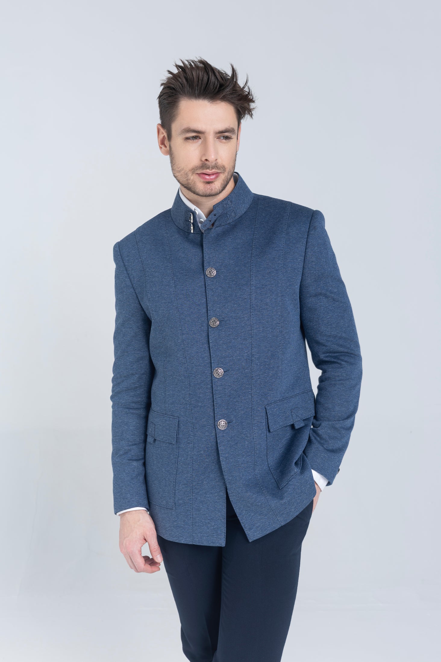 Buy branded Blazer in blue with  Bandhgala with 2 patch pockets