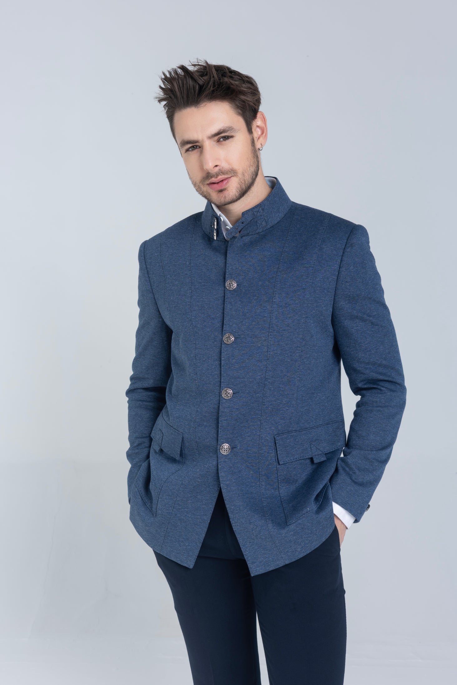 Buy branded Blazer in blue with  Bandhgala with 2 patch pockets