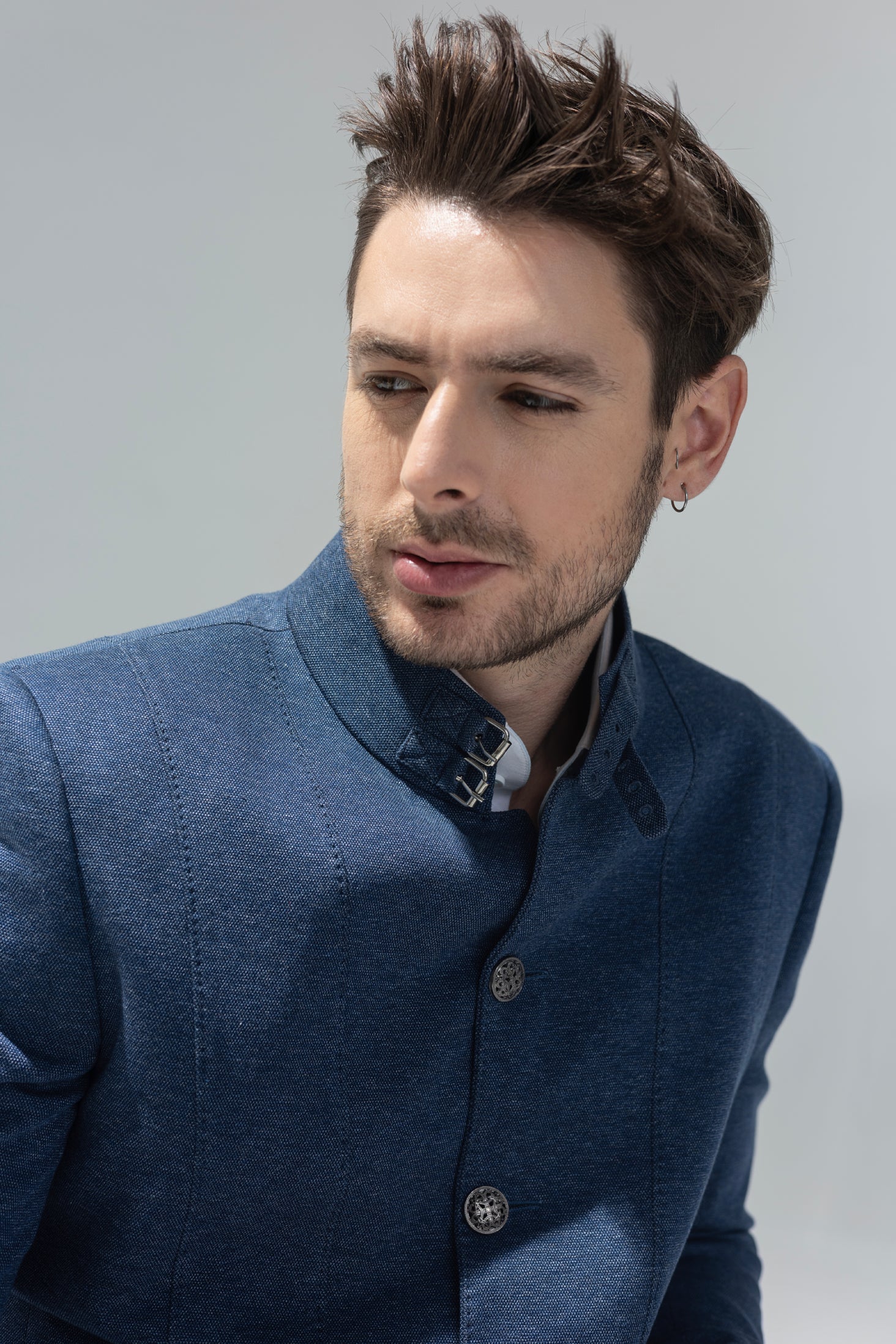 Buy branded Blazer in blue with  Bandhgala with 2 patch pockets