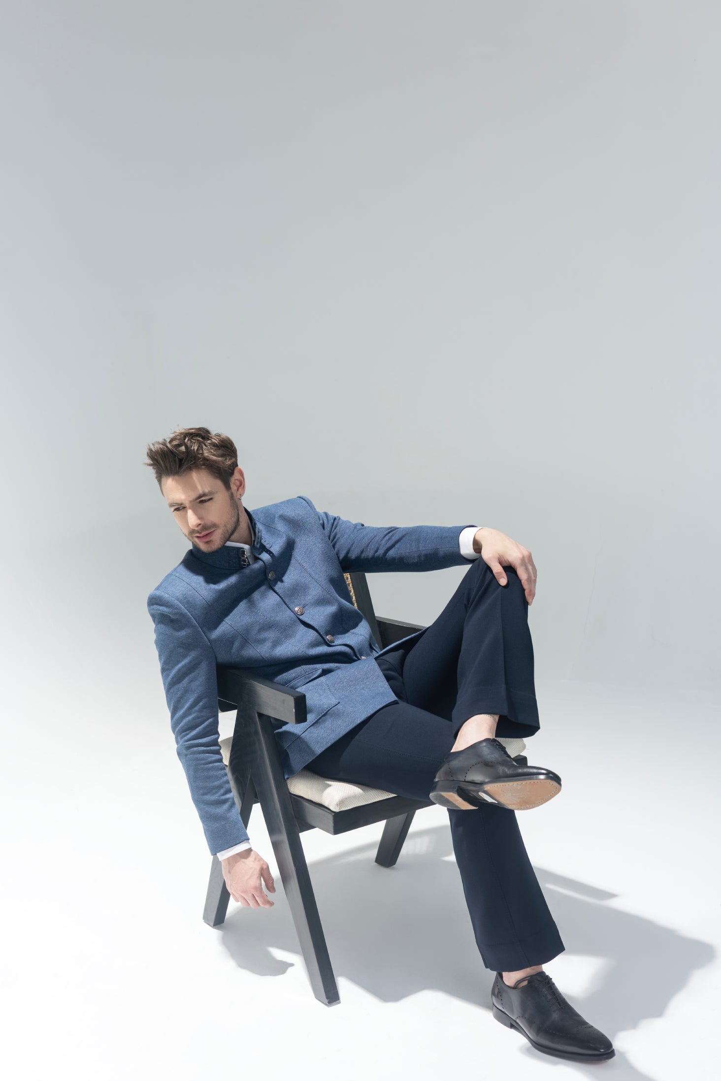 Buy branded Blazer in blue with  Bandhgala with 2 patch pockets