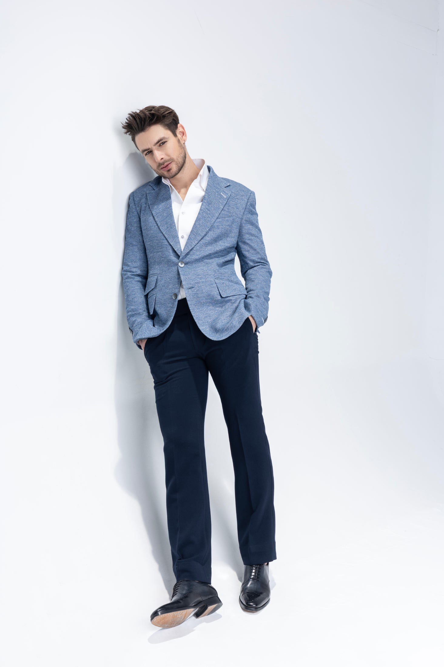 buy branded blue textured  blazer with 3 pockets