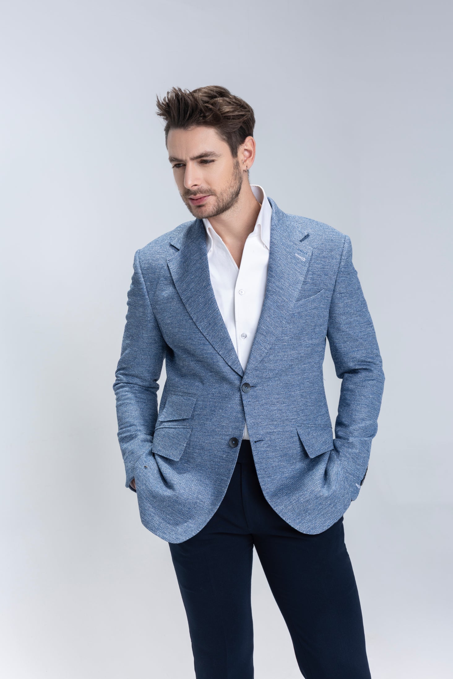 buy branded blue textured  blazer with 3 pockets