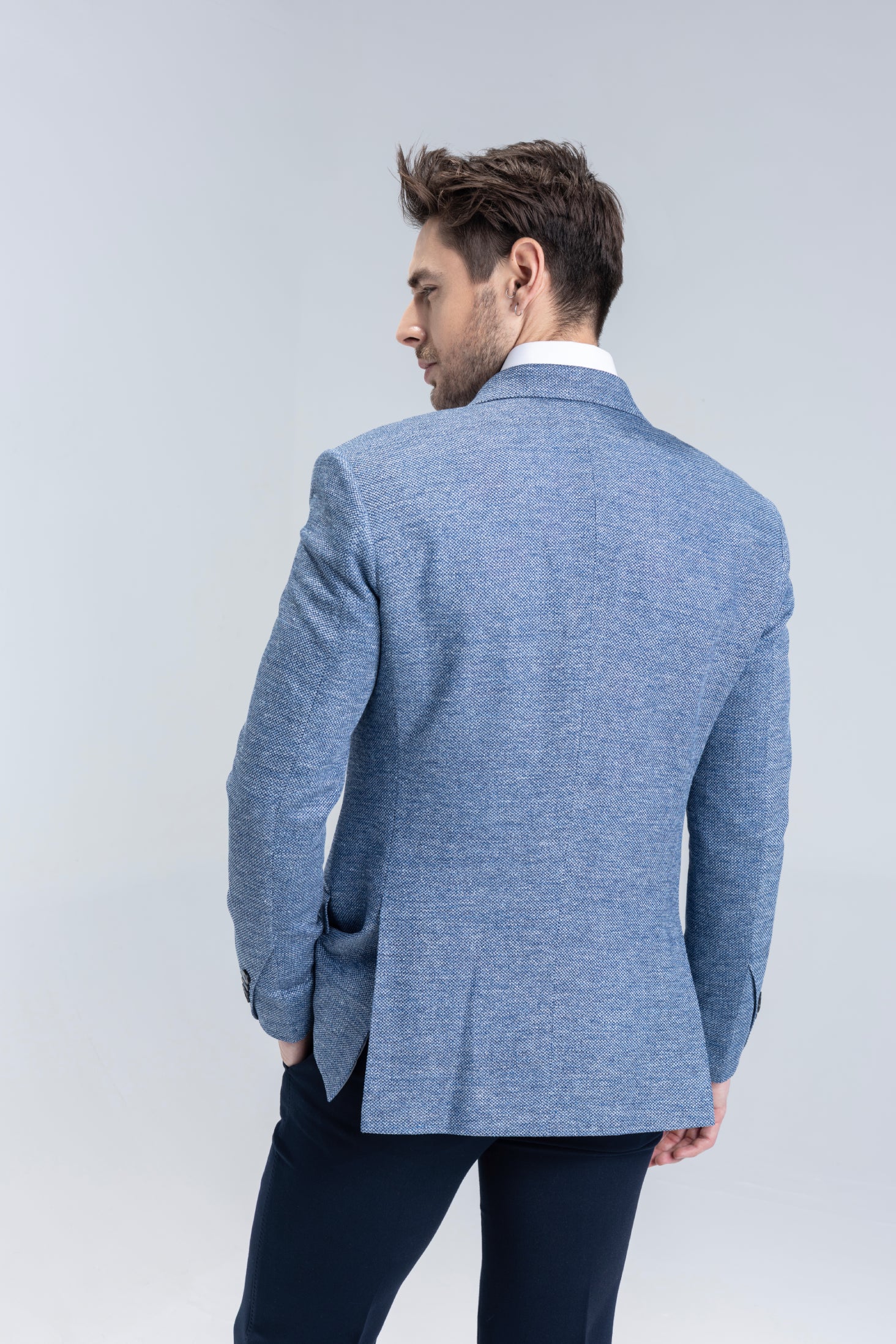 buy branded blue textured  blazer with 3 pockets