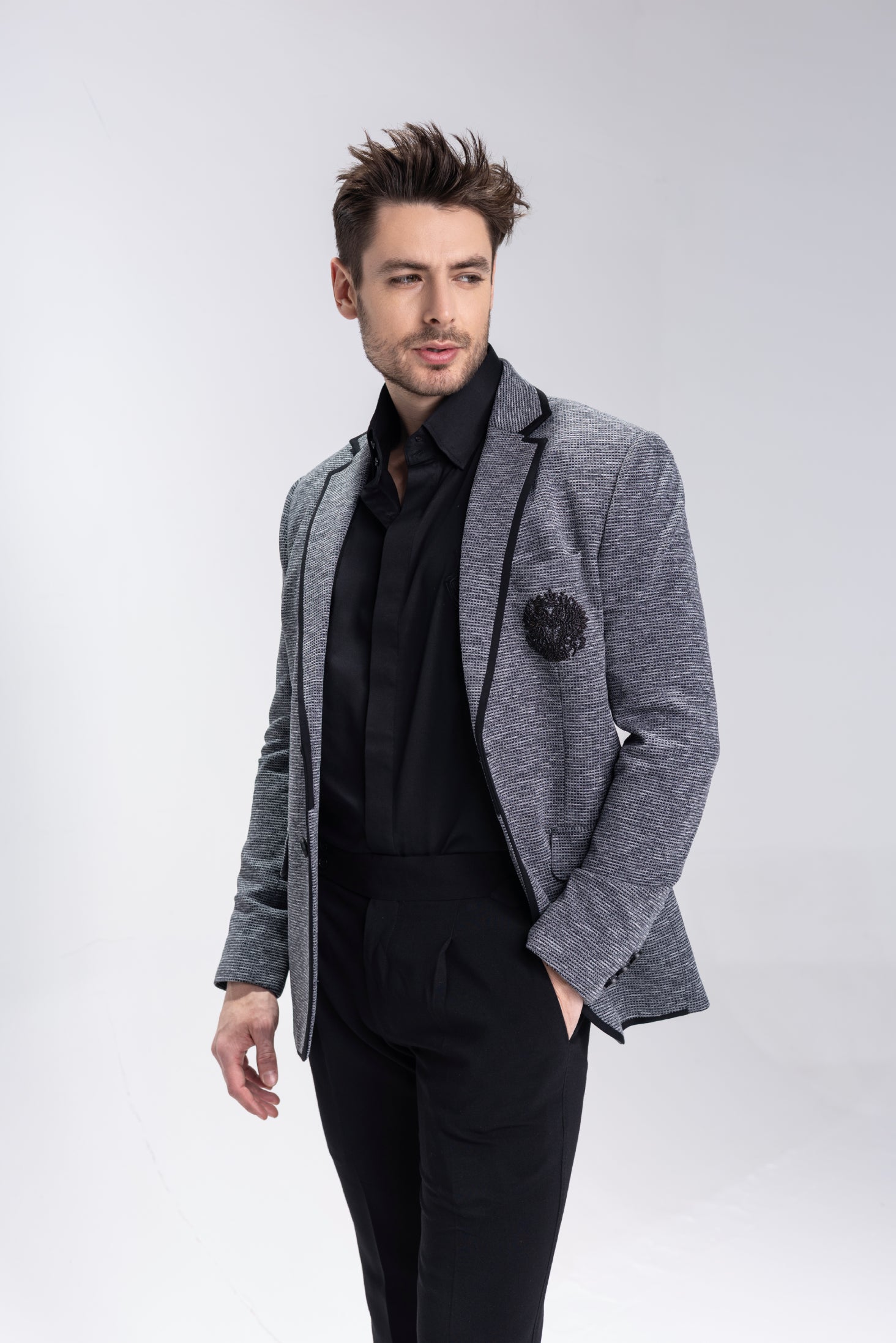 Buy Branded Grey textured  blazer with embroidered