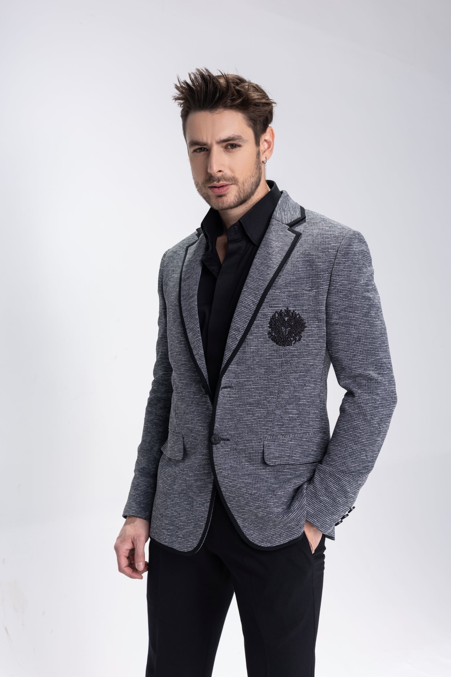 Buy Branded Grey textured  blazer with embroidered