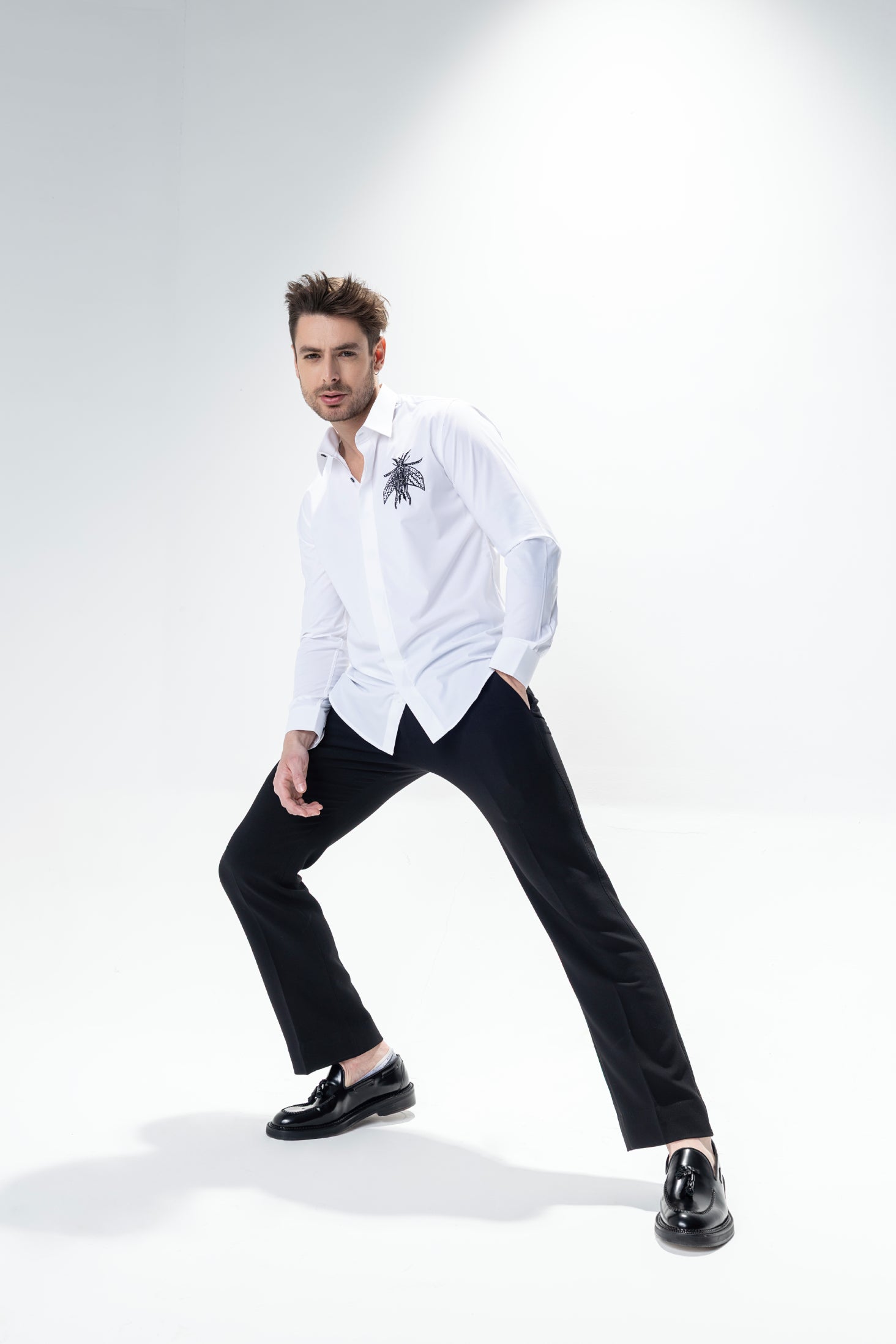 White long sleeved shirt with hand embroidered bug motif