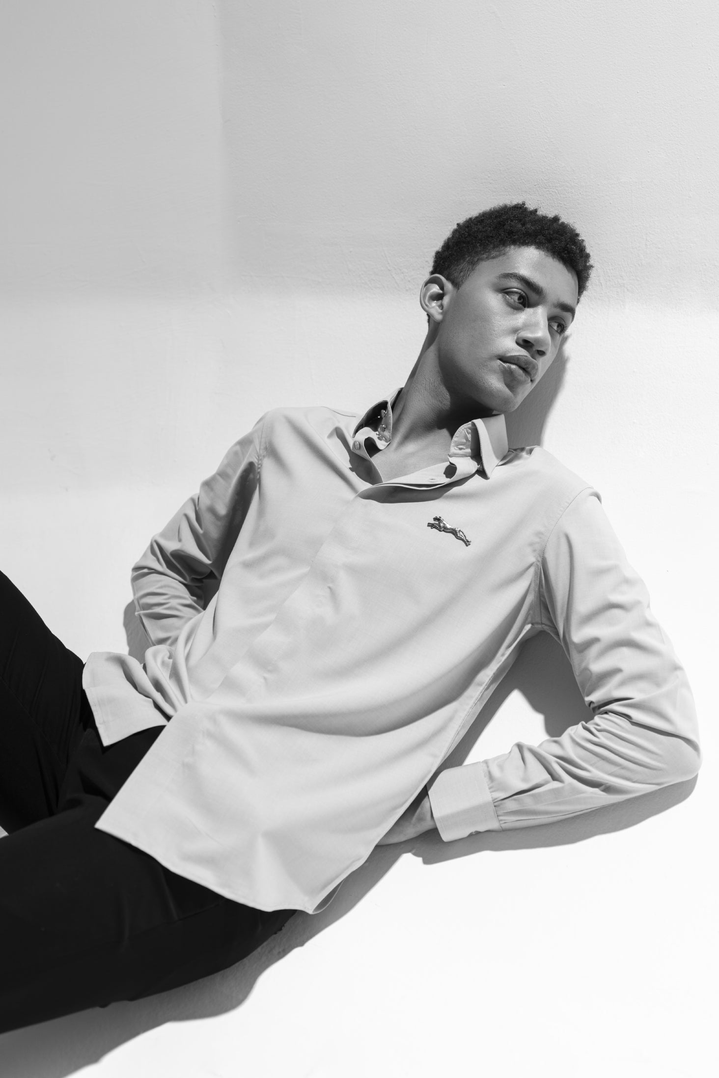 Light grey concealed button shirt with Jaguar brooch