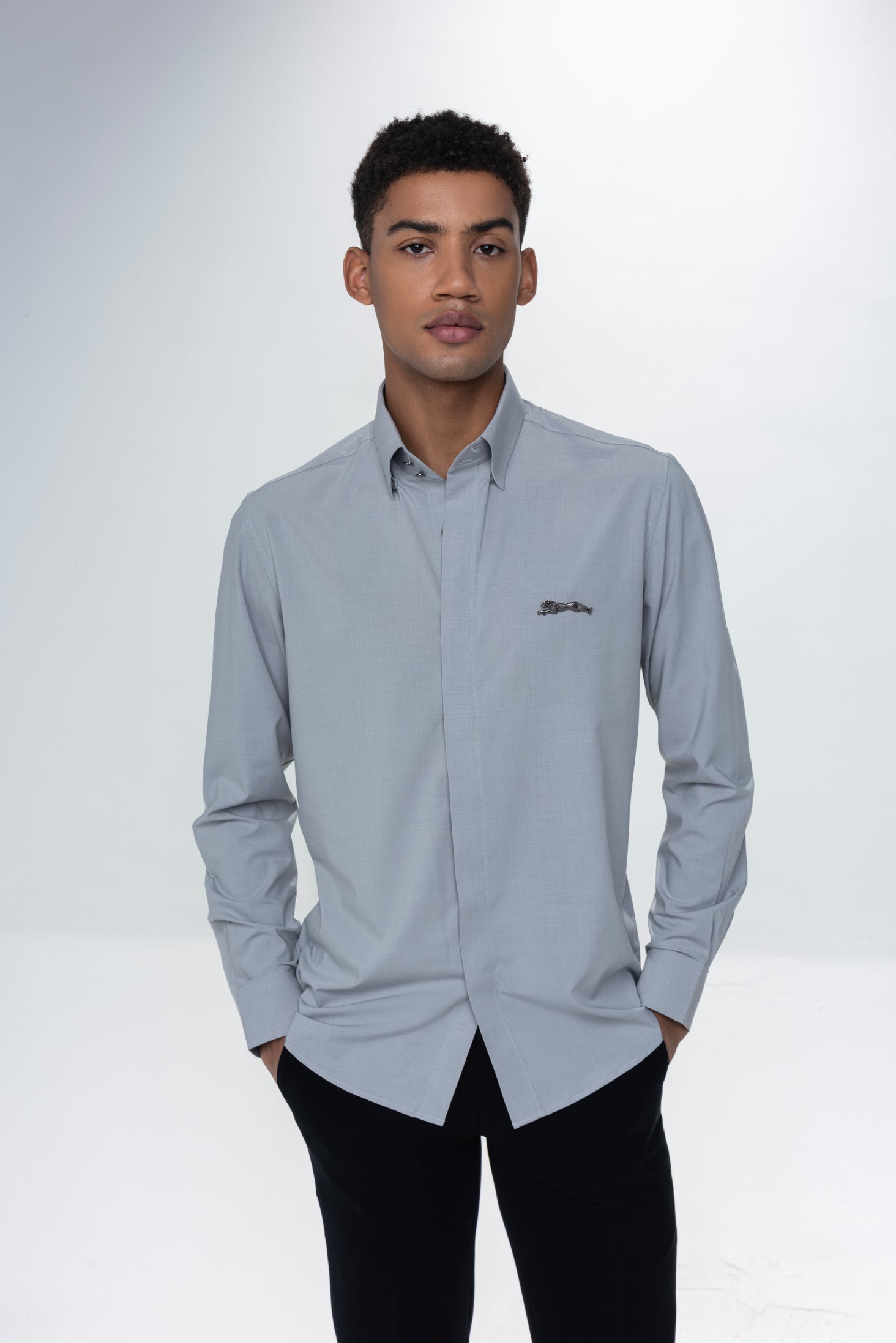 Light grey concealed button shirt with Jaguar brooch