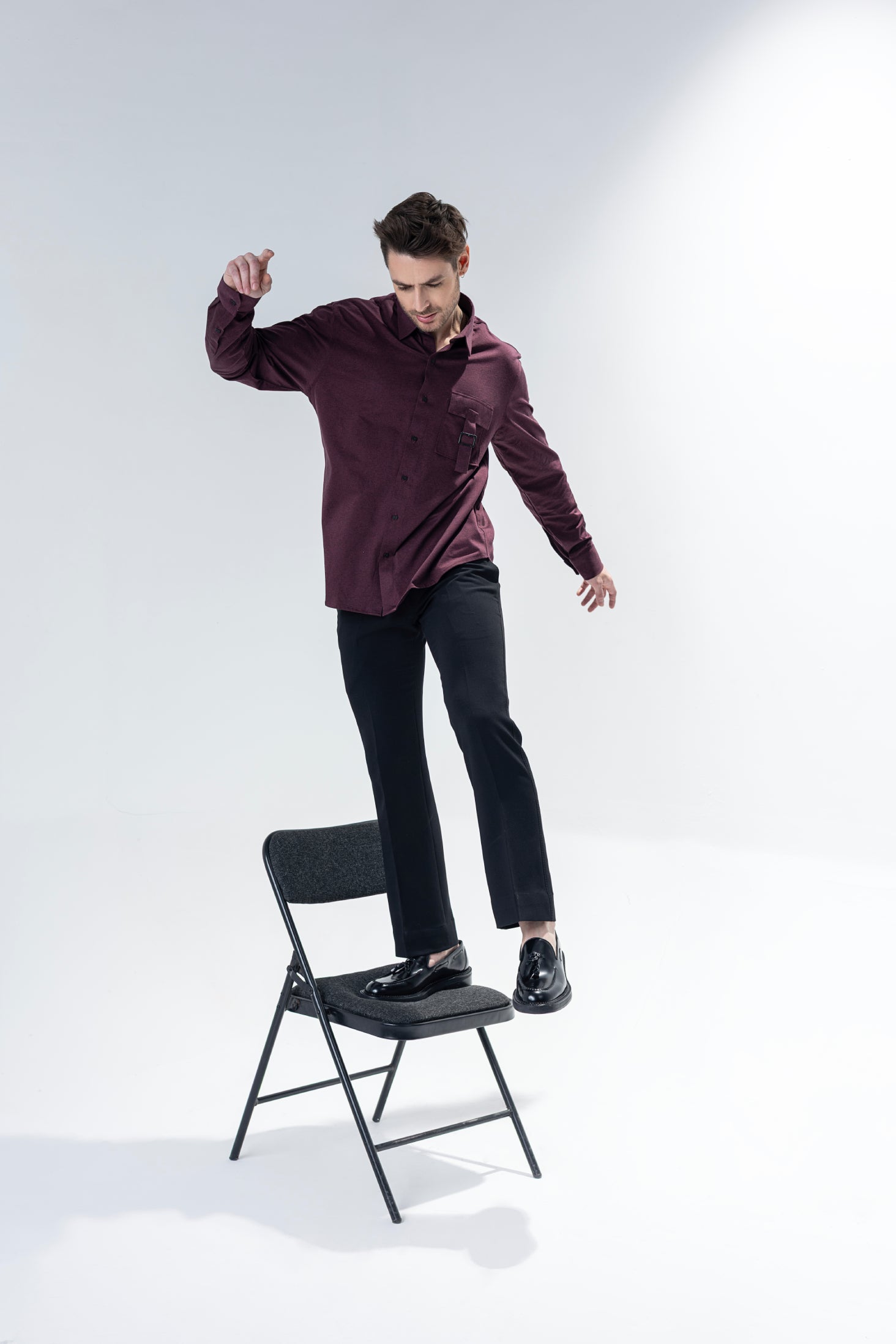 Maroon full sleeved shirt with patch pocket and buckle detailing