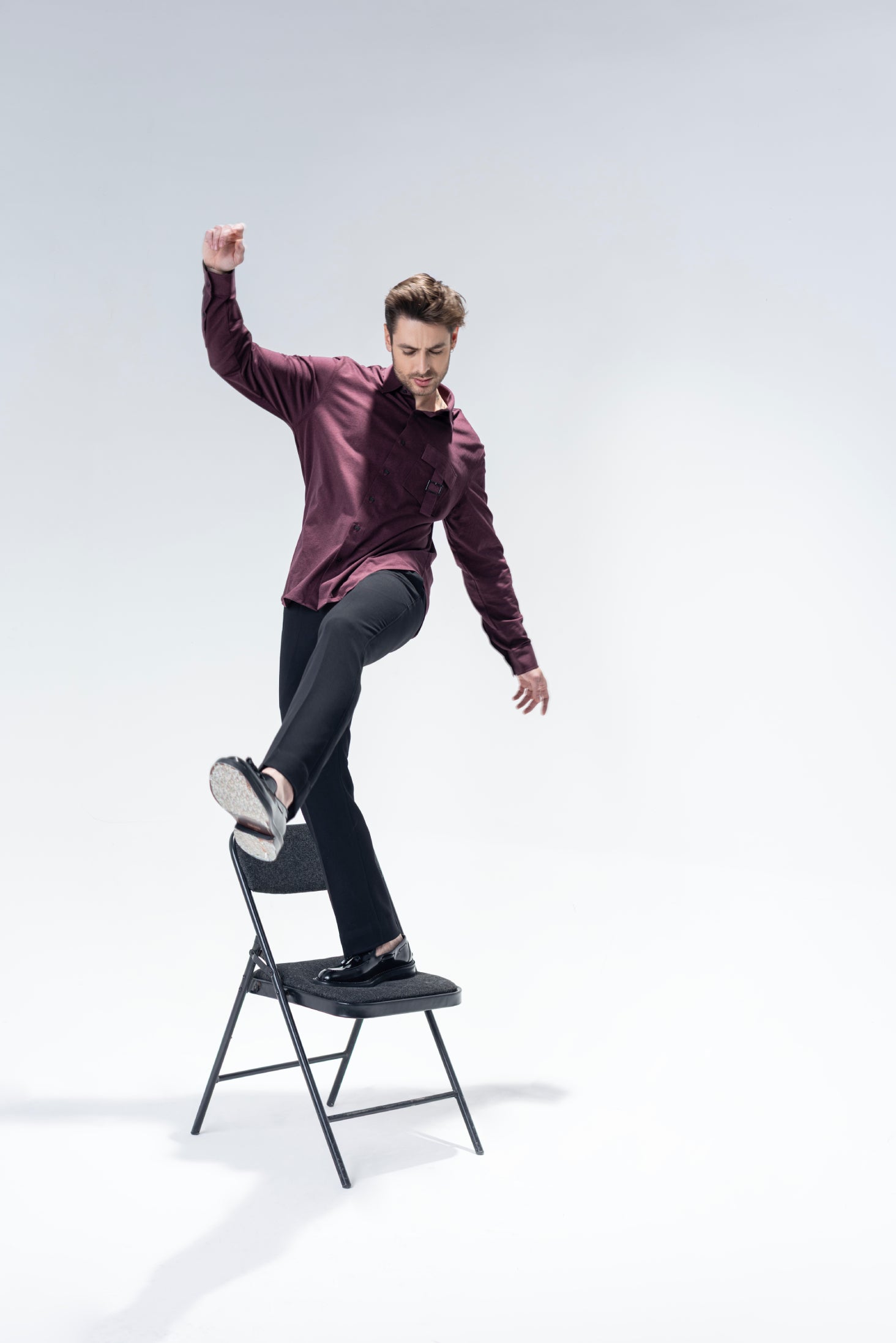 Maroon full sleeved shirt with patch pocket and buckle detailing