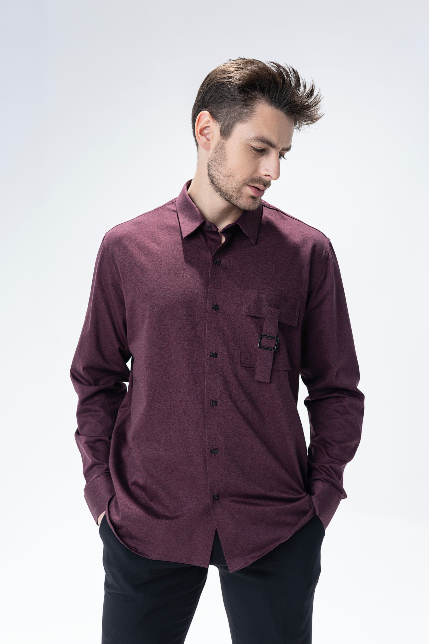 Maroon full sleeved shirt with patch pocket and buckle detailing