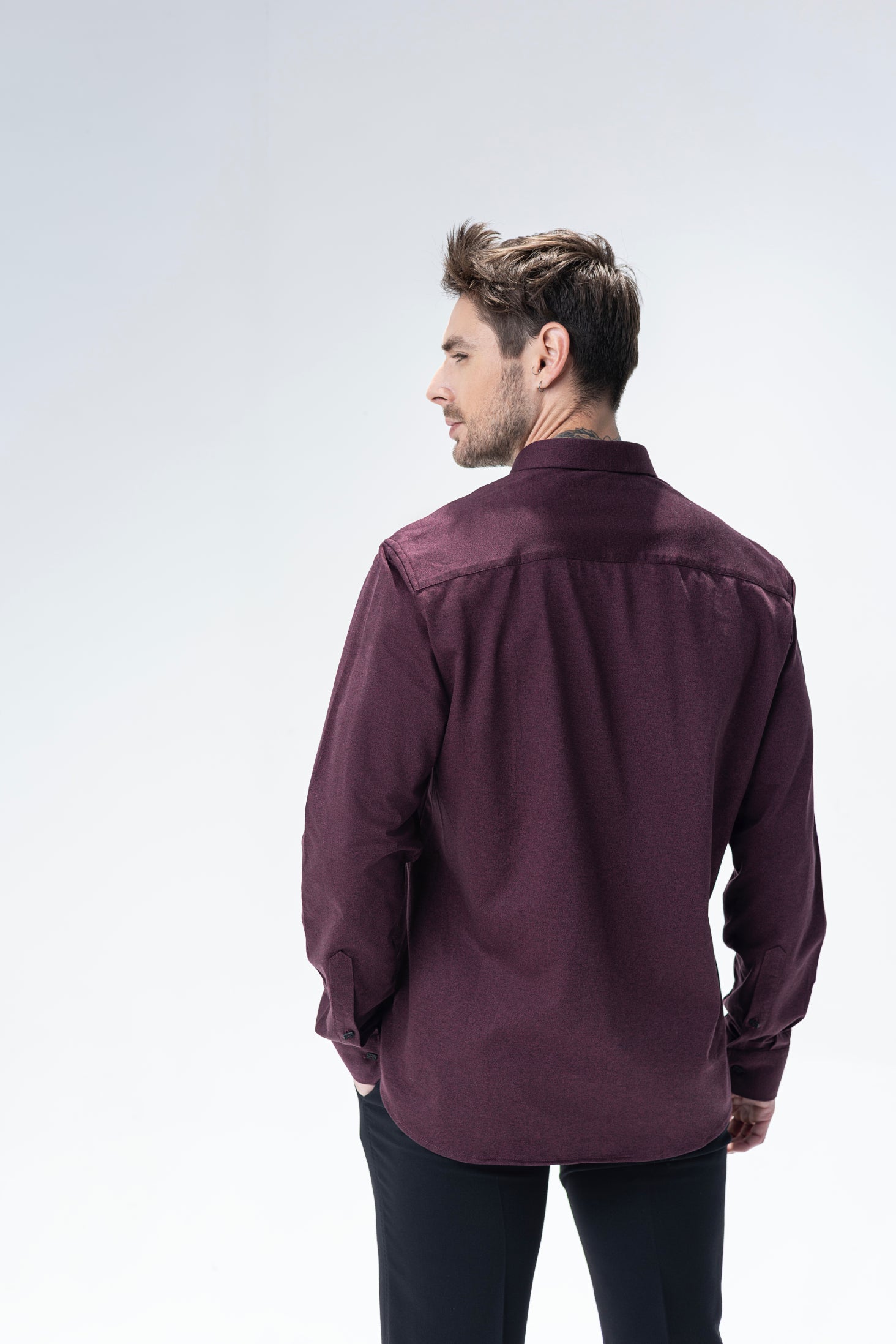 Maroon full sleeved shirt with patch pocket and buckle detailing