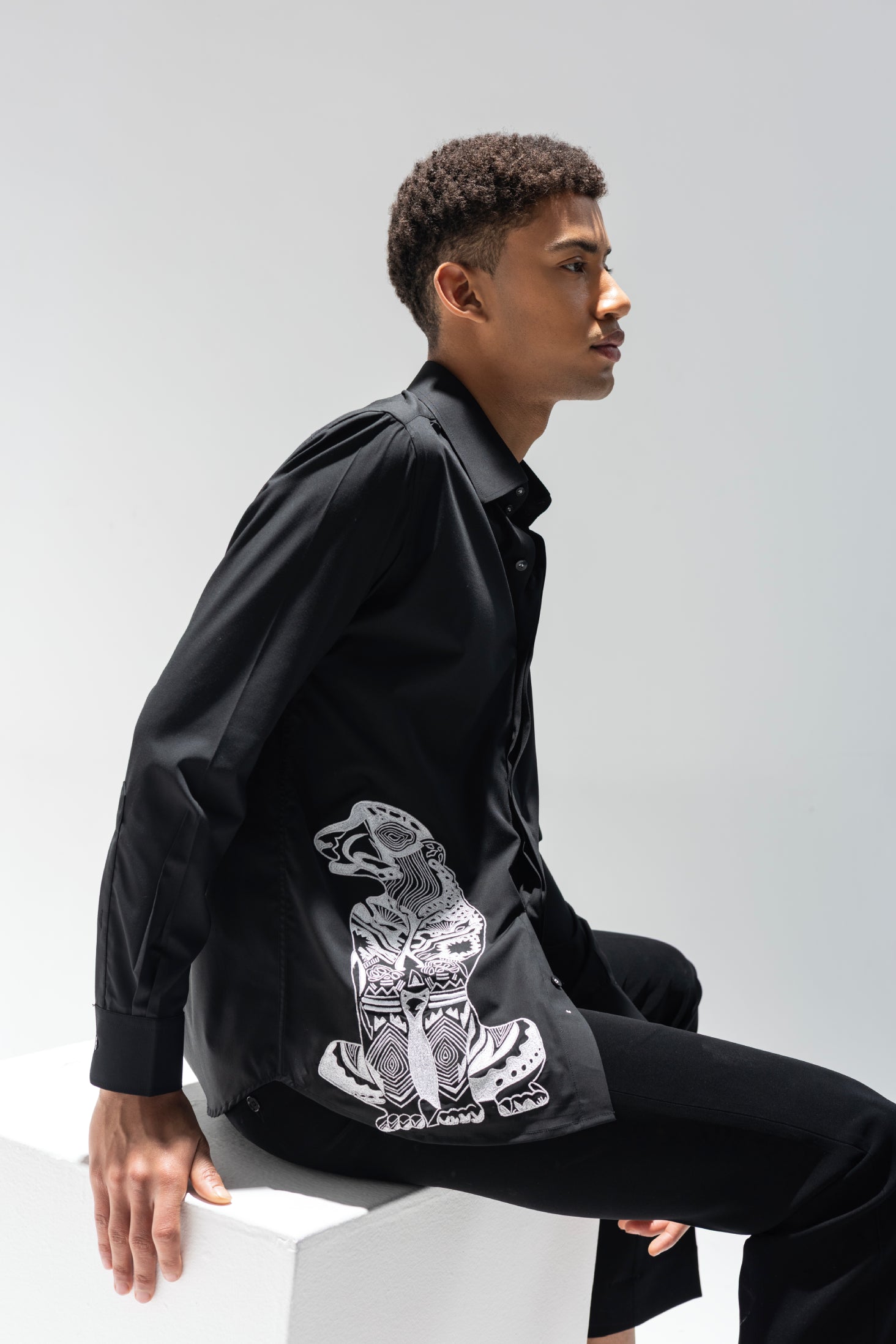 Black full sleeved shirt with embroidered Leopard motif in white