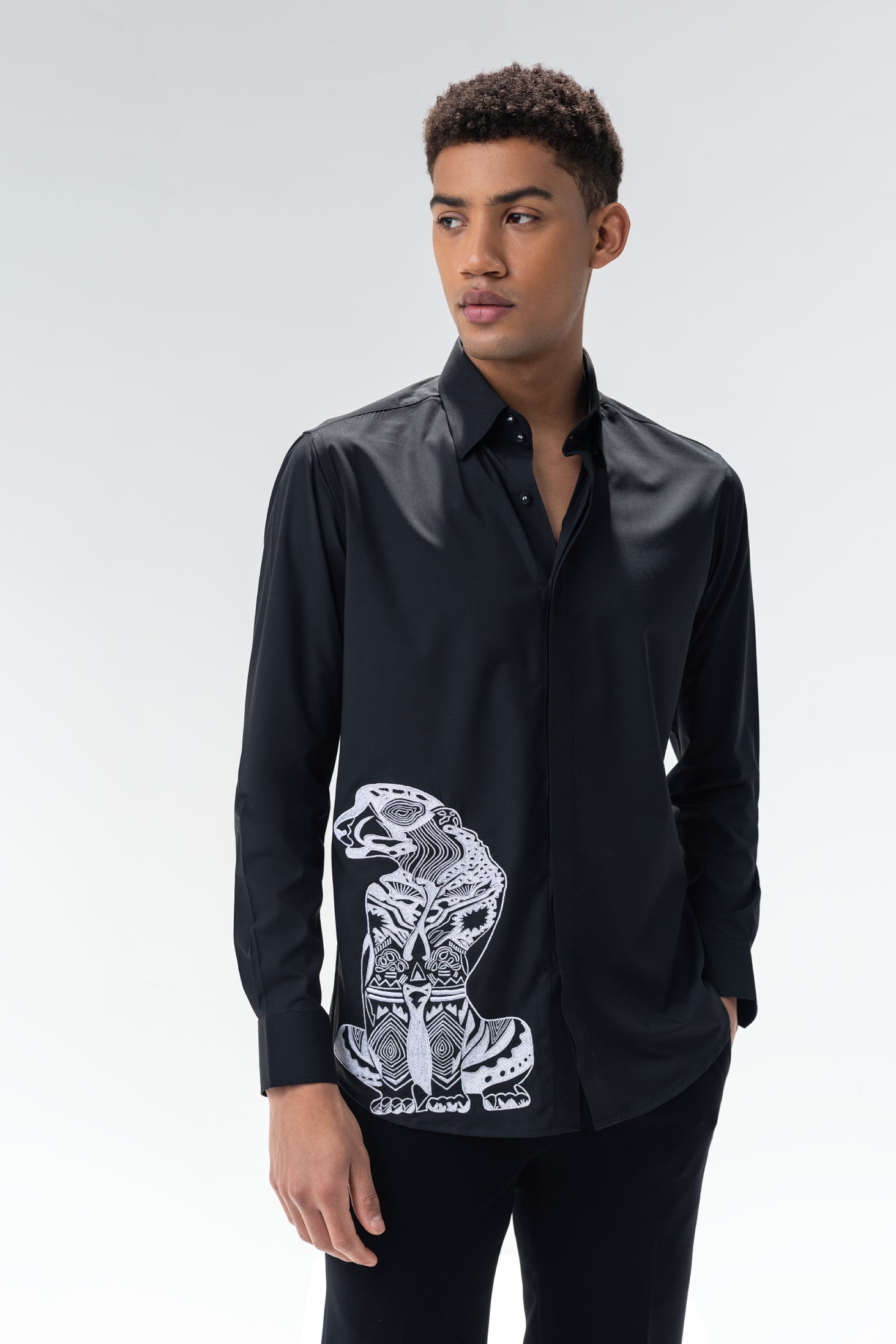 Black full sleeved shirt with embroidered Leopard motif in white