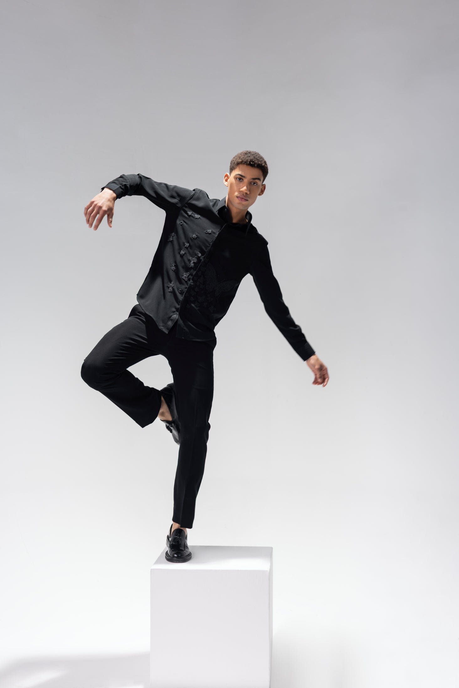 Black shirt with hand-embroidered Butterfly