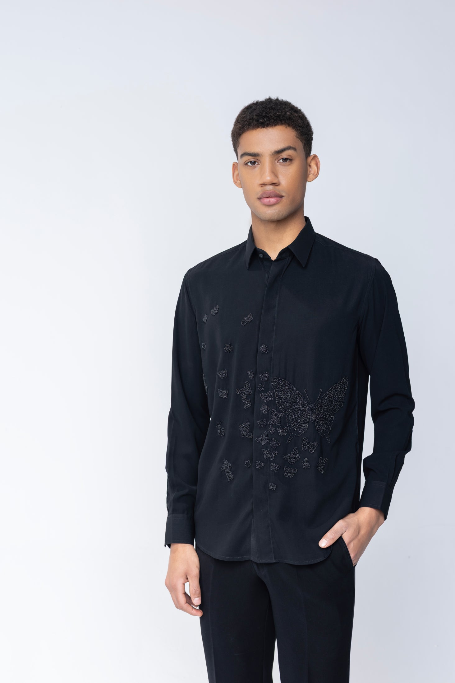 Black shirt with hand-embroidered Butterfly