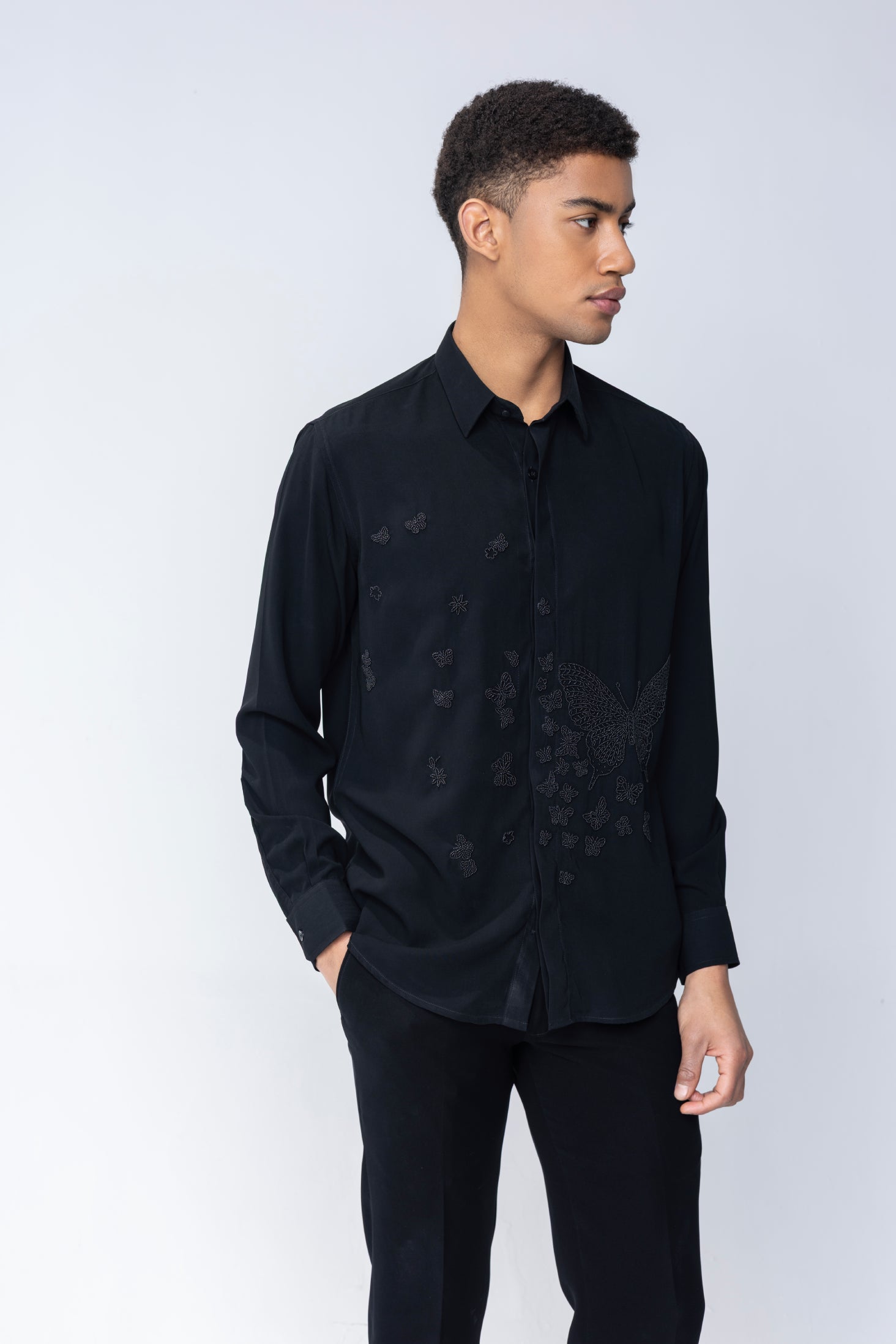 Black shirt with hand-embroidered Butterfly