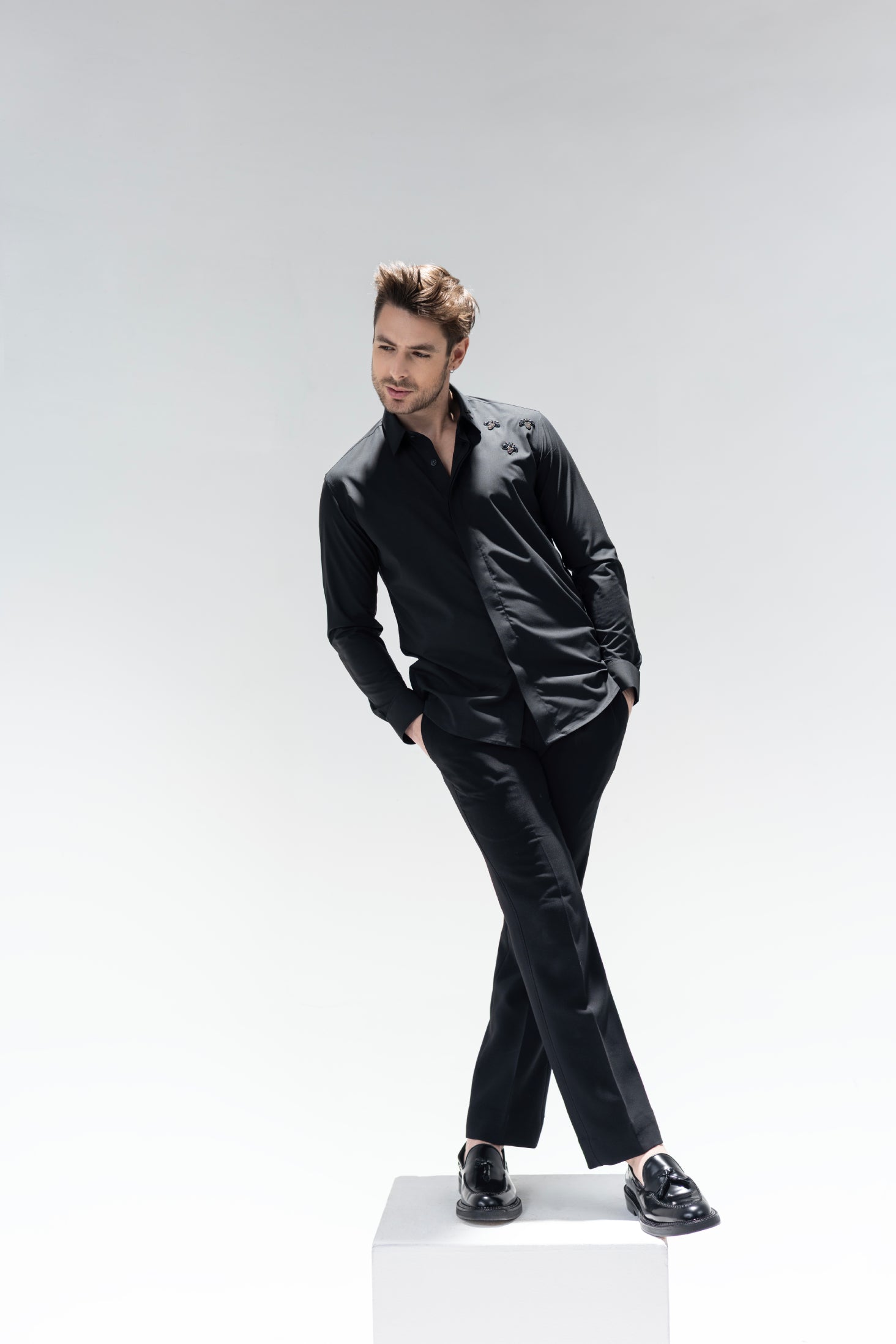 Black full sleeved shirt with hand embroidered Bee motifs