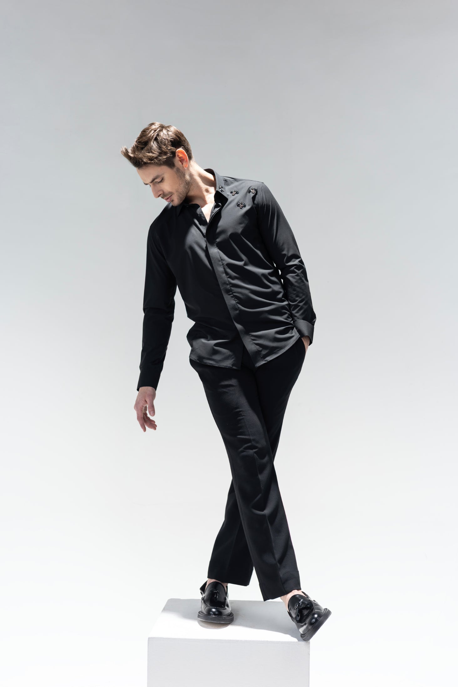 Black full sleeved shirt with hand embroidered Bee motifs