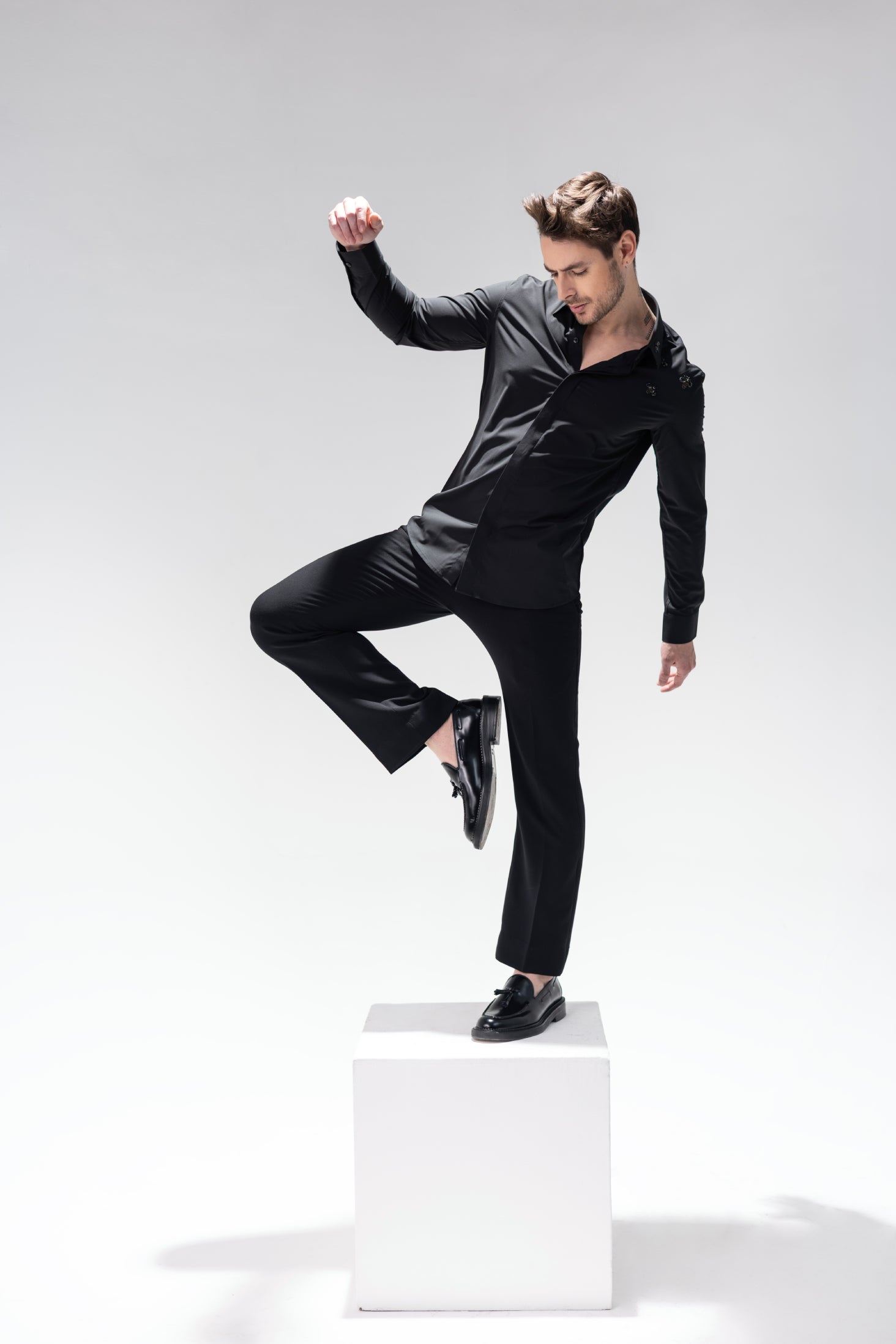 Black full sleeved shirt with hand embroidered Bee motifs