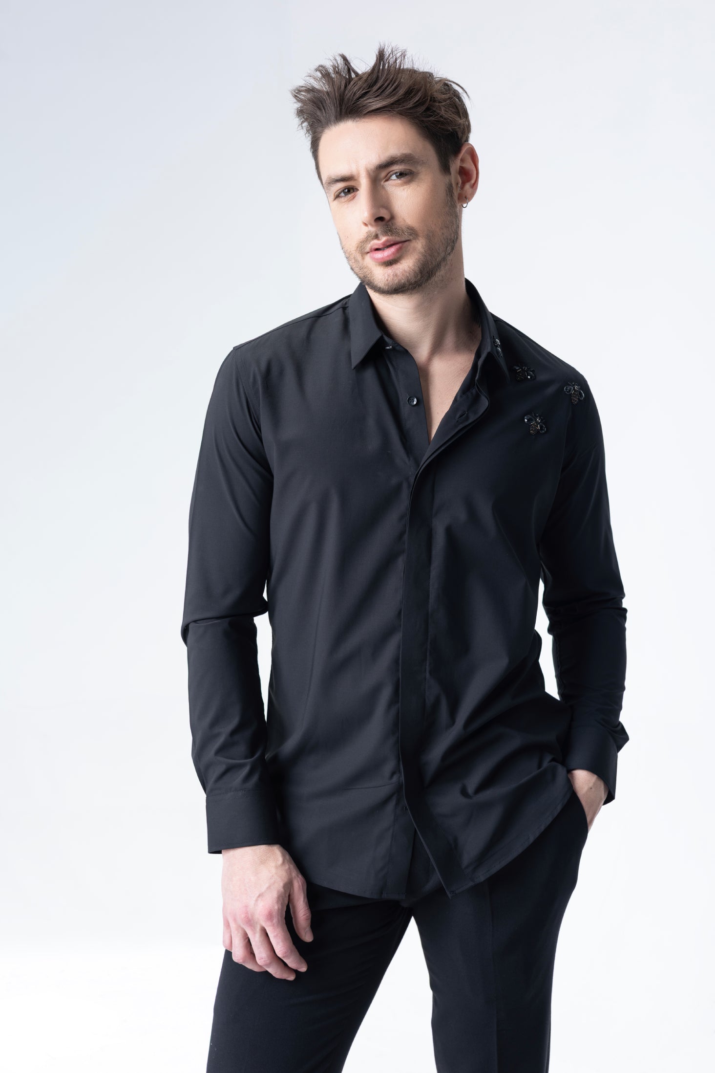 Black full sleeved shirt with hand embroidered Bee motifs