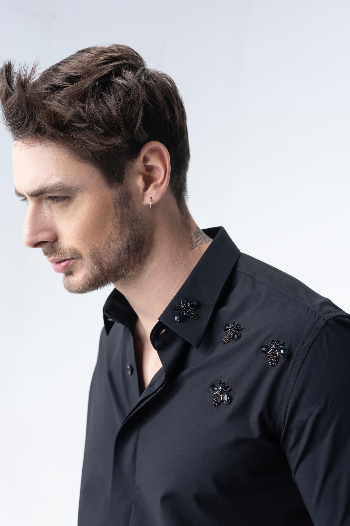 Black full sleeved shirt with hand embroidered Bee motifs